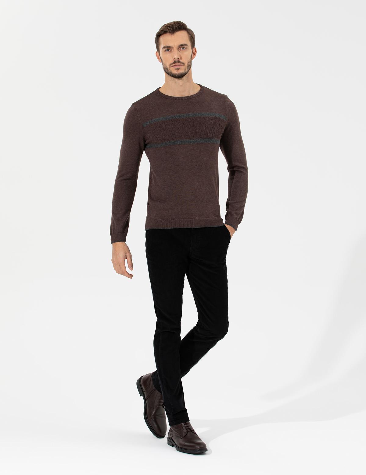 Açık Kahverengi Slim Fit Bisiklet Yaka Triko Kazak - 50258805068