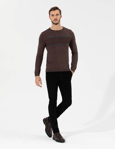 Açık Kahverengi Slim Fit Bisiklet Yaka Triko Kazak
