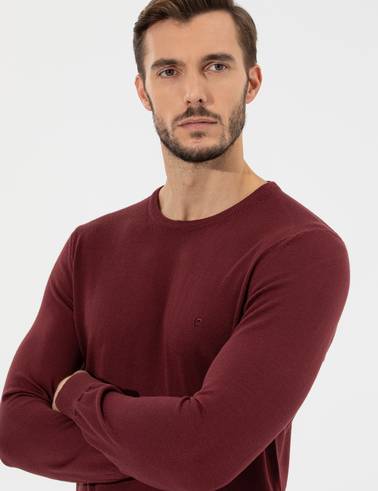 Bordo Slim Fit Bisiklet Yaka Basic Triko Kazak