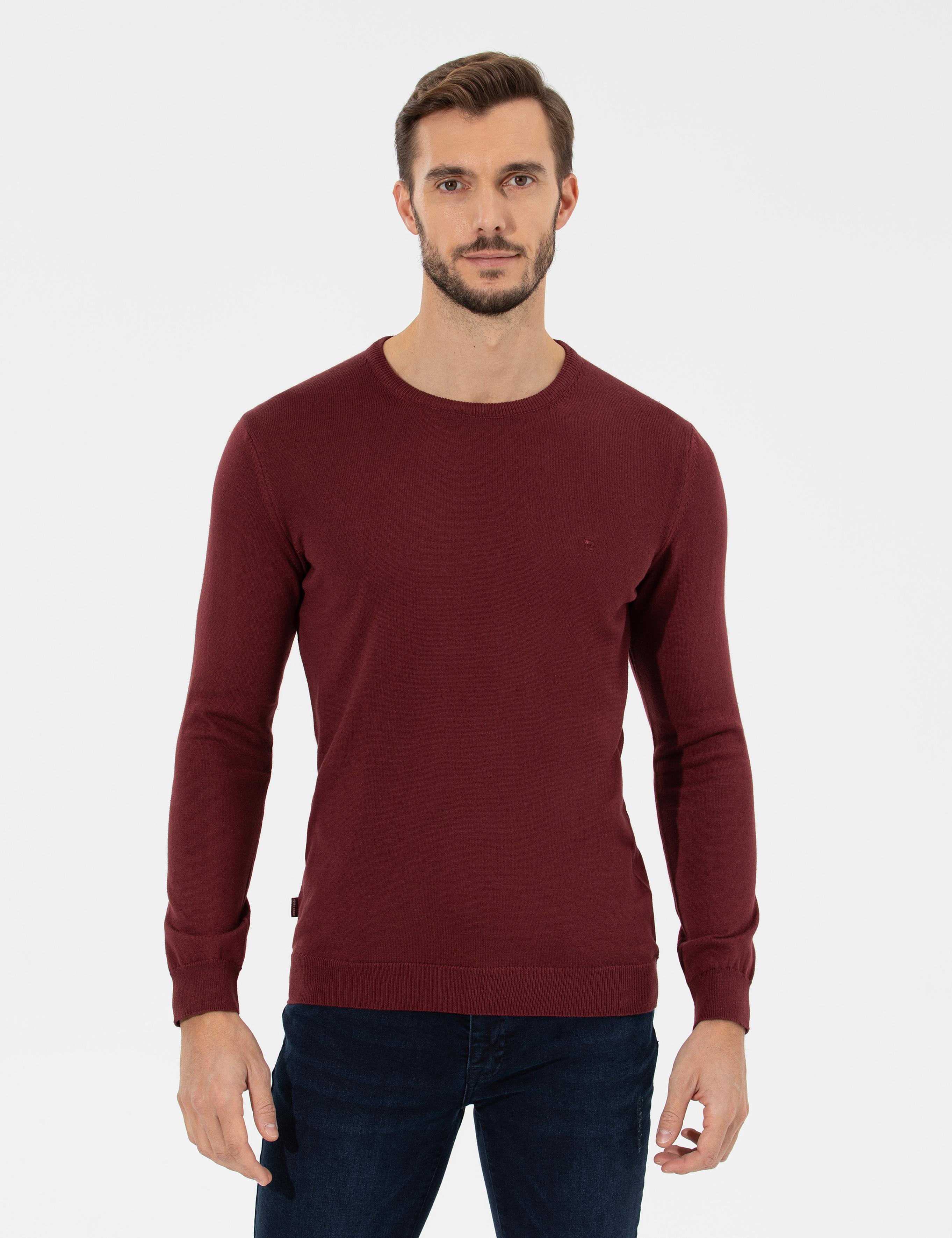 Bordo Slim Fit Bisiklet Yaka Basic Triko Kazak