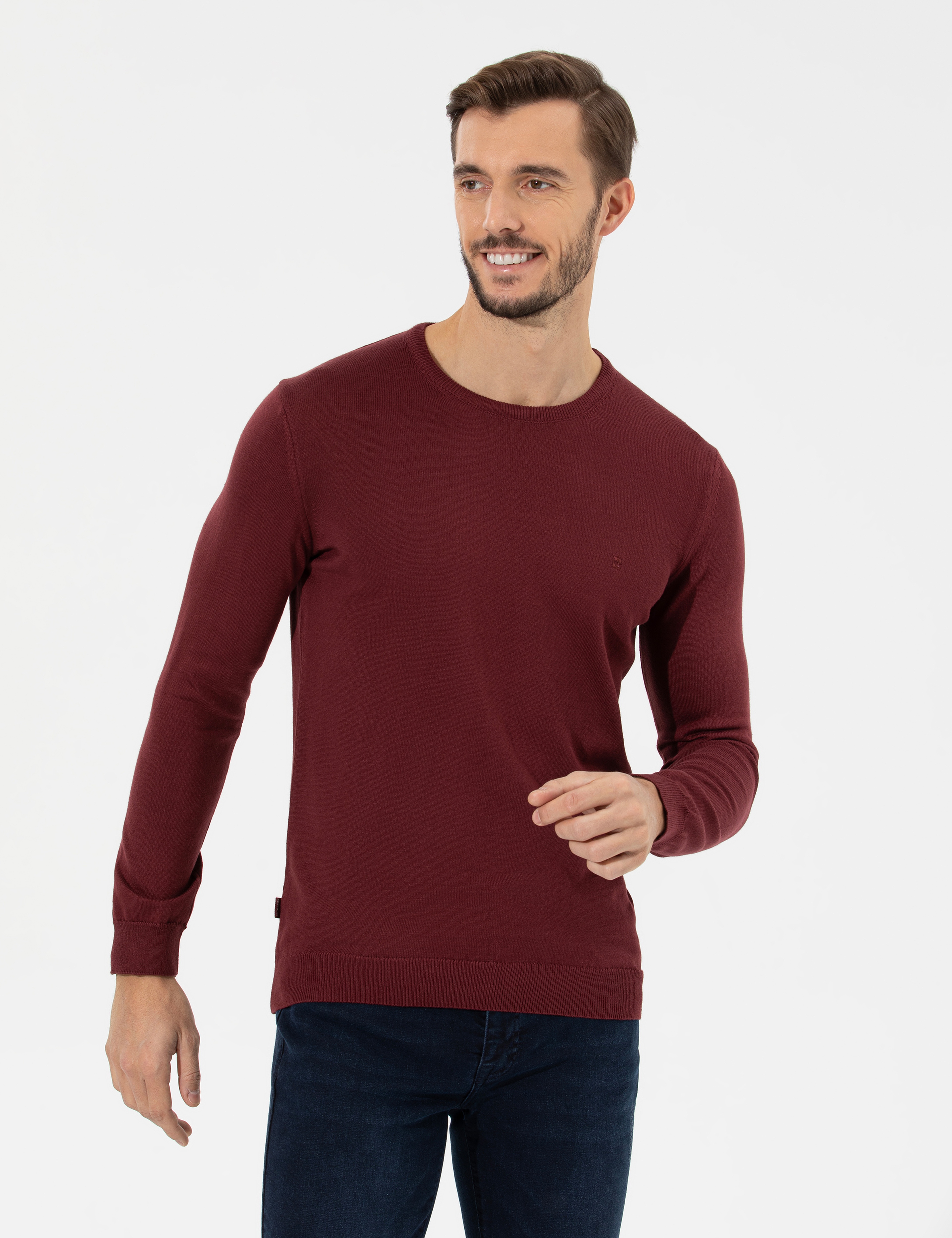Bordo Slim Fit Bisiklet Yaka Basic Triko Kazak - Image 1