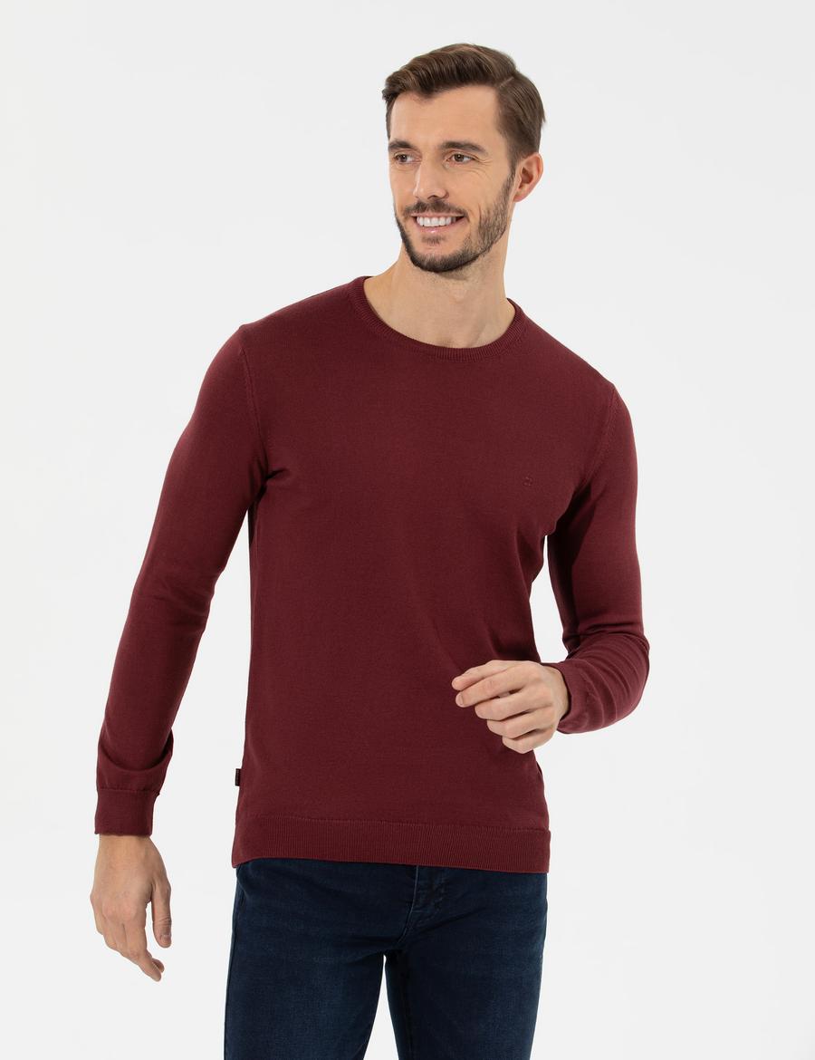 Bordo Slim Fit Bisiklet Yaka Basic Triko Kazak