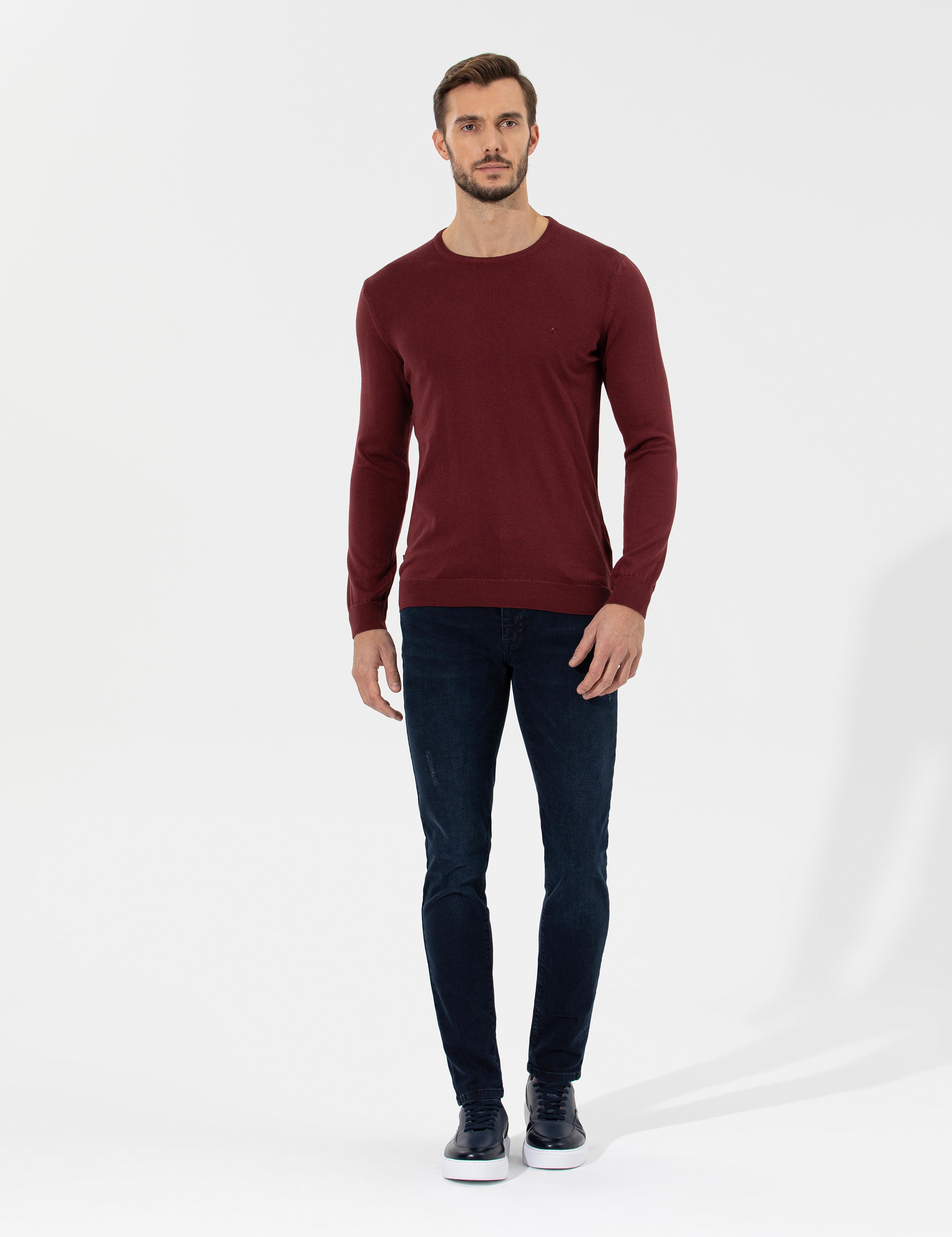 Bordo Slim Fit Bisiklet Yaka Basic Triko Kazak