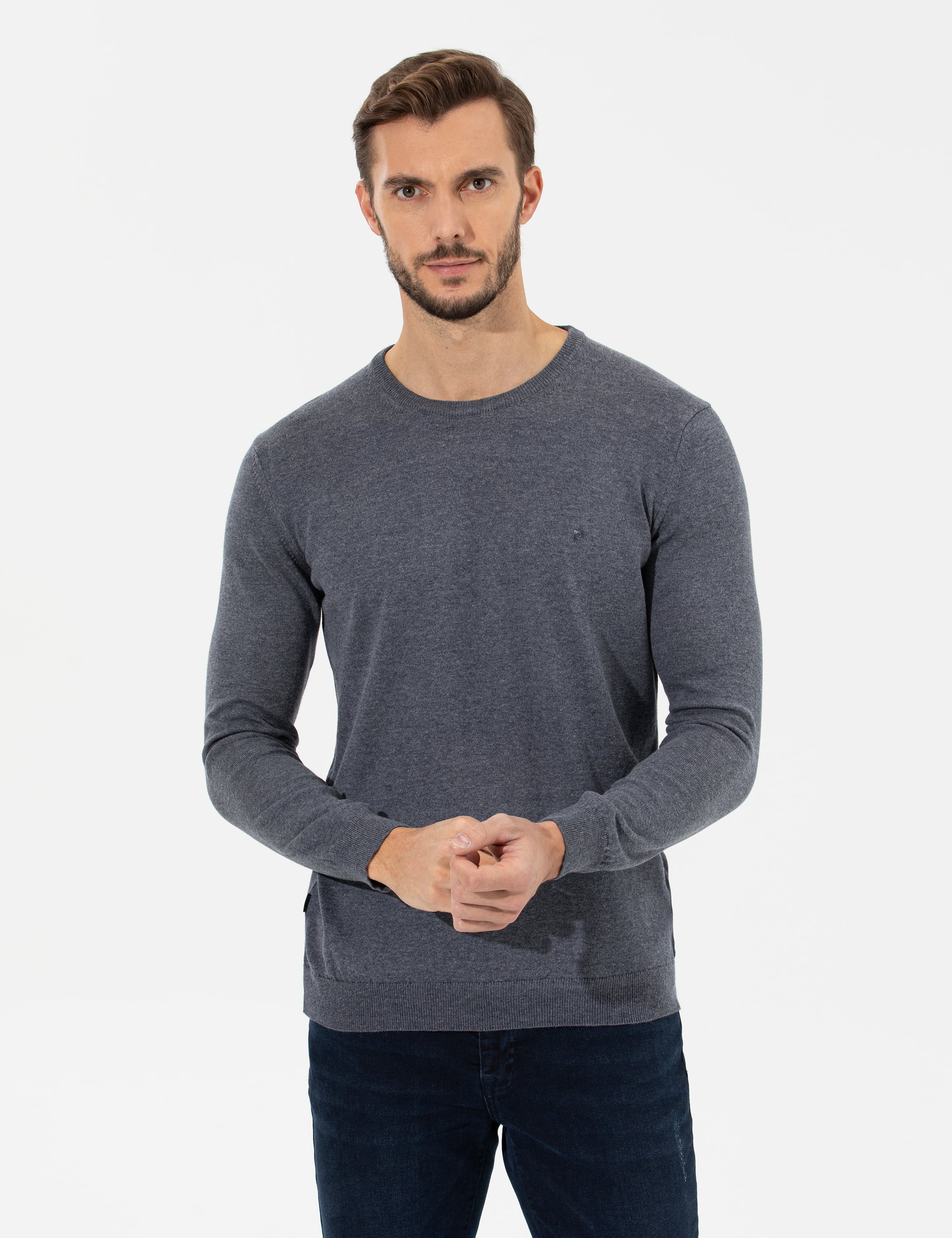 Gri Melanj Slim Fit Bisiklet Yaka Basic Triko Kazak