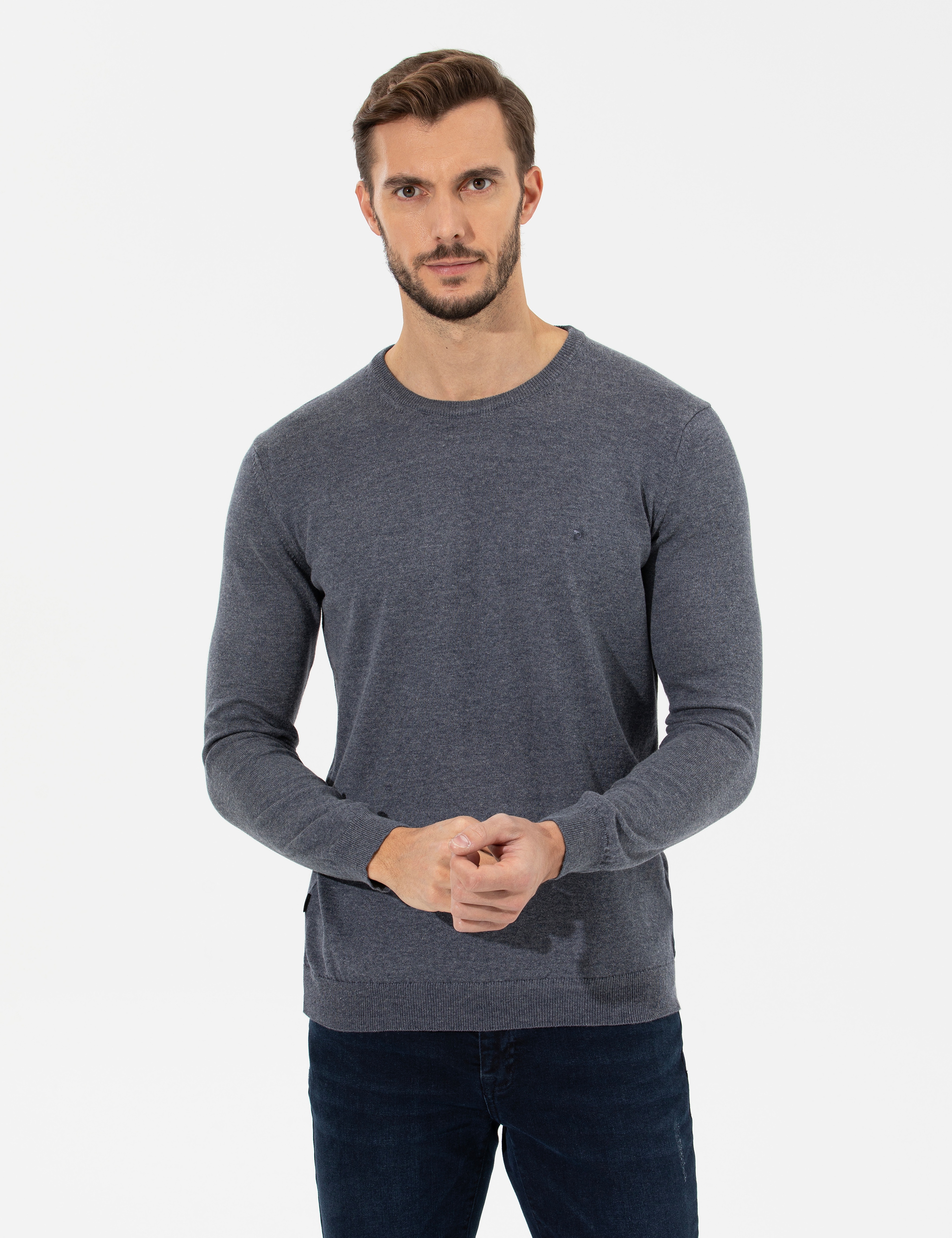 Gri Melanj Slim Fit Bisiklet Yaka Basic Triko Kazak - Image 3