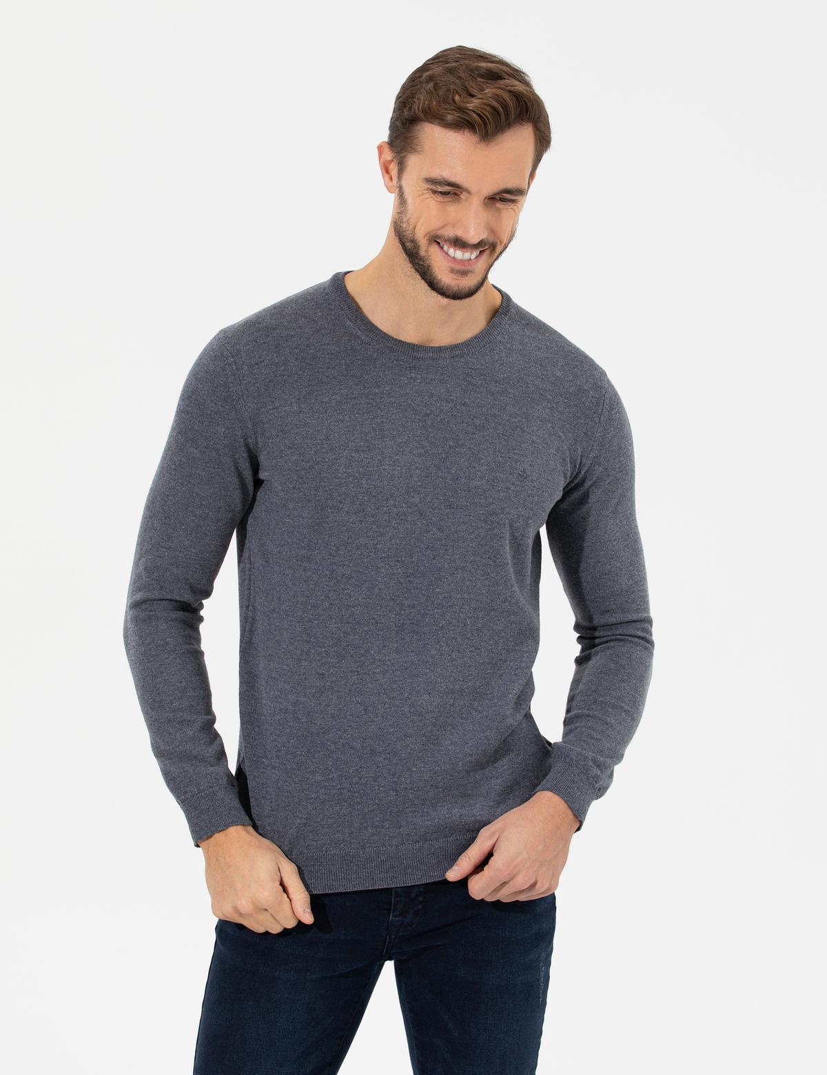 Gri Melanj Slim Fit Bisiklet Yaka Basic Triko Kazak