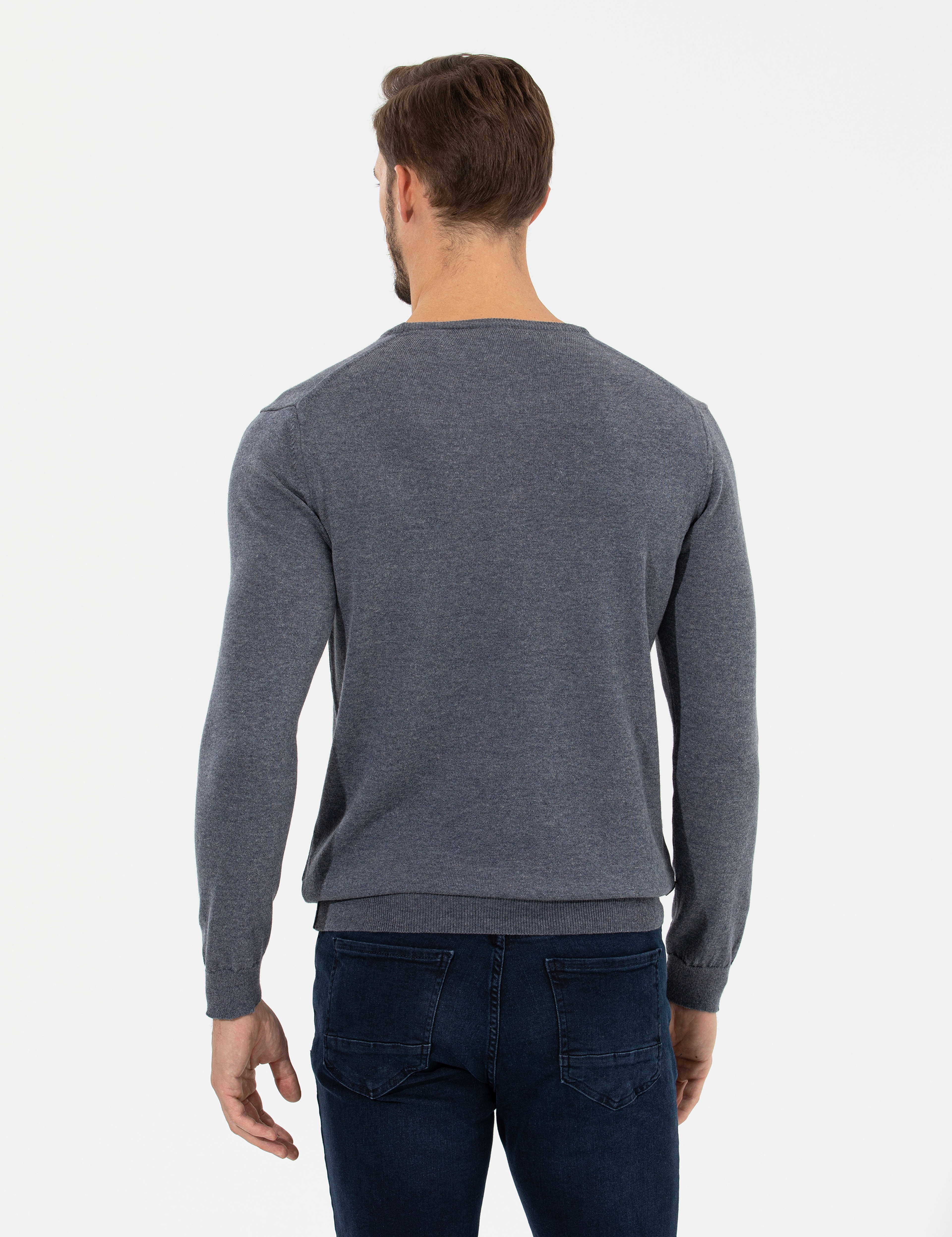 Gri Melanj Slim Fit Bisiklet Yaka Basic Triko Kazak - Image 5