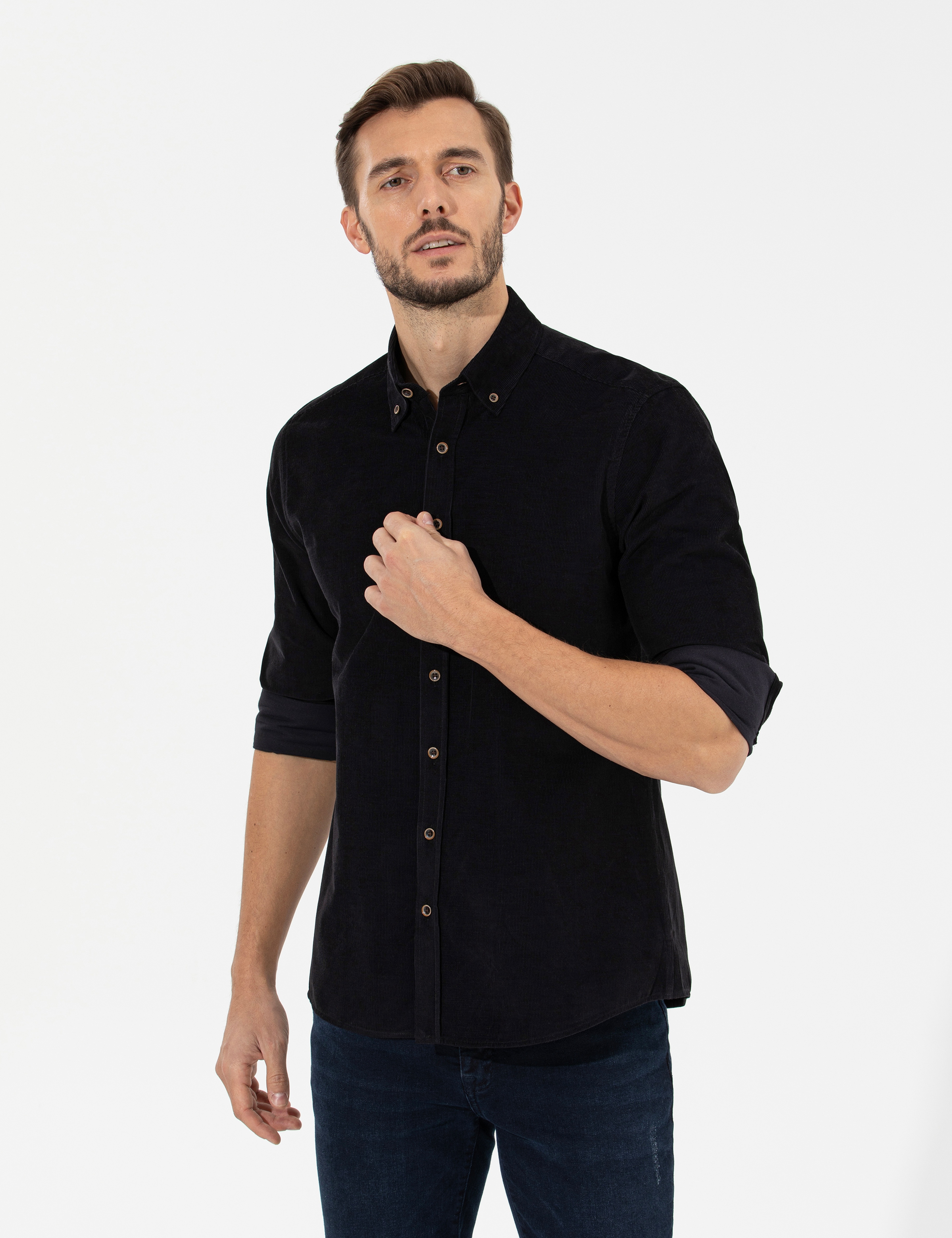 Siyah Regular Fit Uzun Kollu Gömlek - Image 3