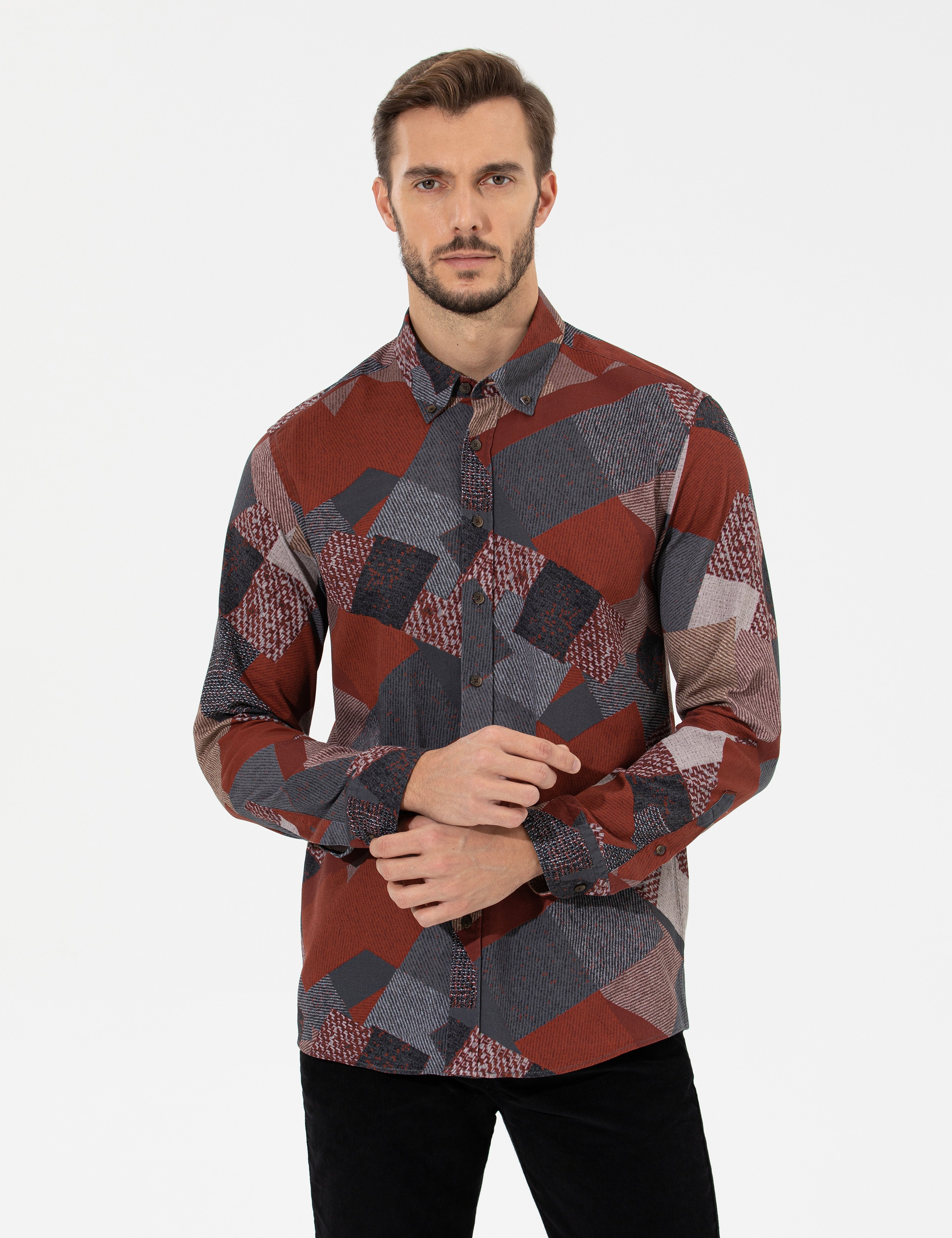 Turuncu Slim Fit Uzun Kollu Gömlek - Image 1