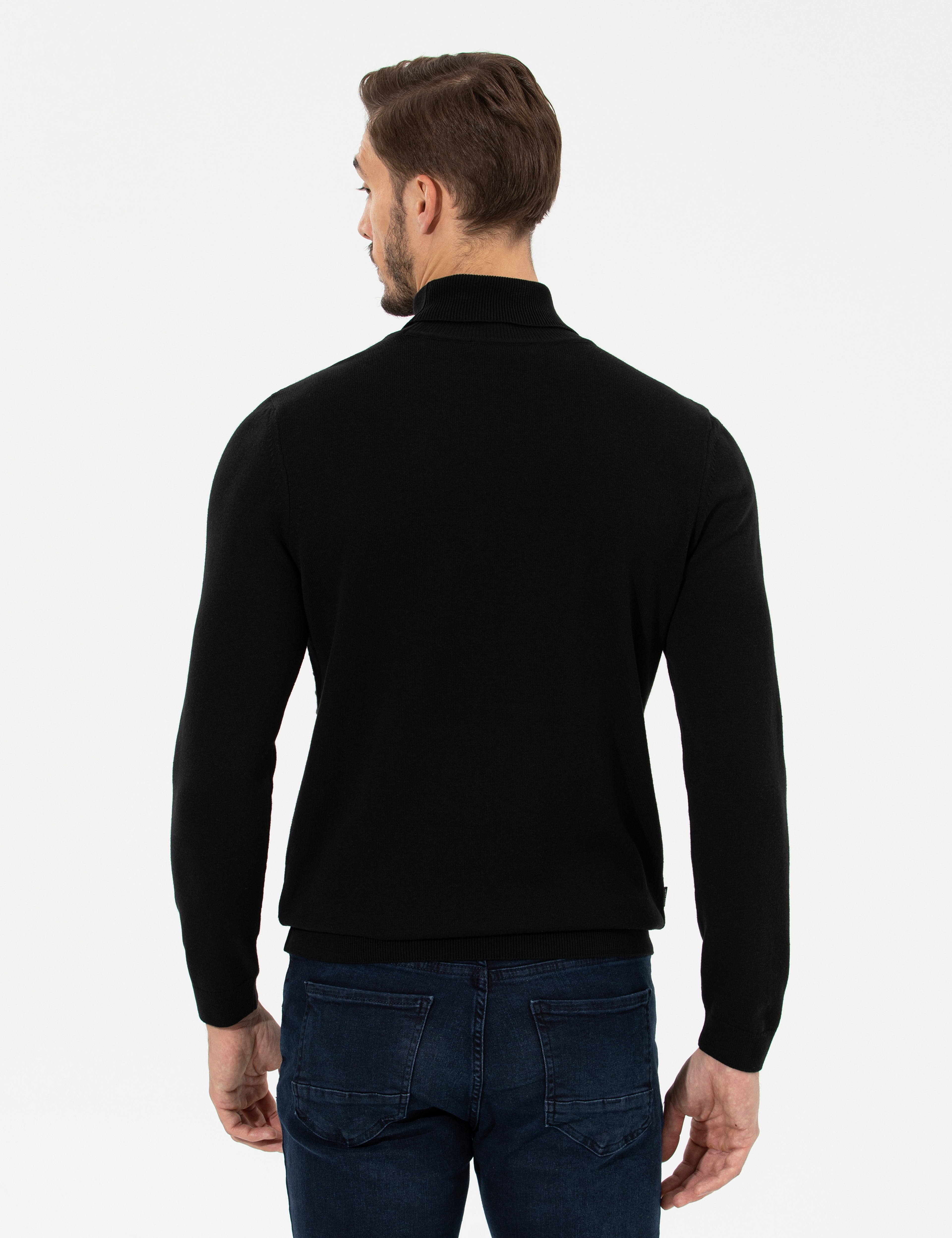 Siyah Slim Fit Balıkçı Yaka Triko Kazak - Image 5