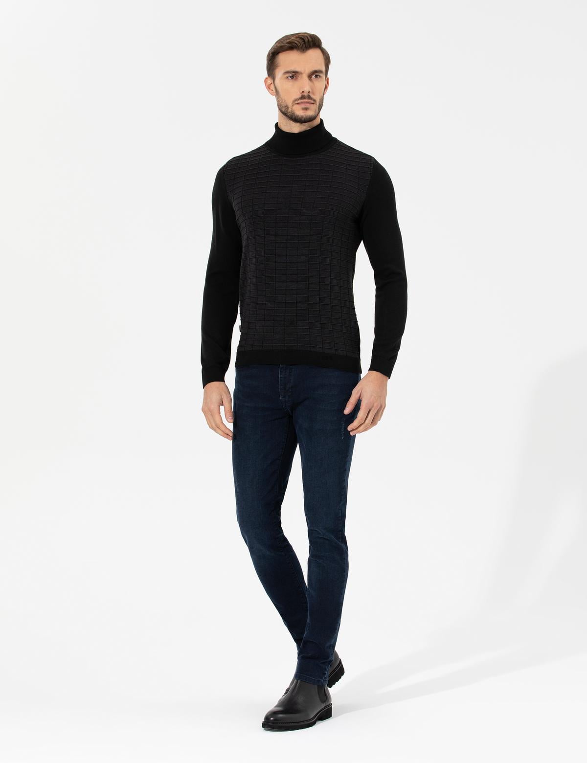 Siyah Slim Fit Balıkçı Yaka Triko Kazak - 50259787028