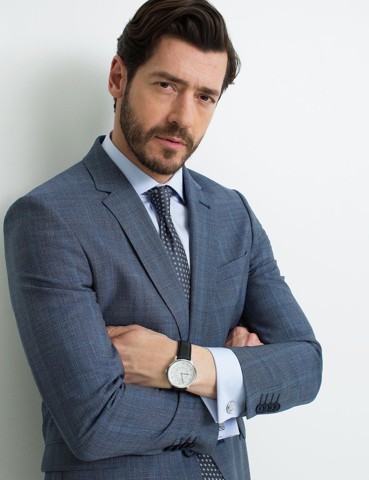 Açık Lacivert Slim Fit Ekose Takım Elbise