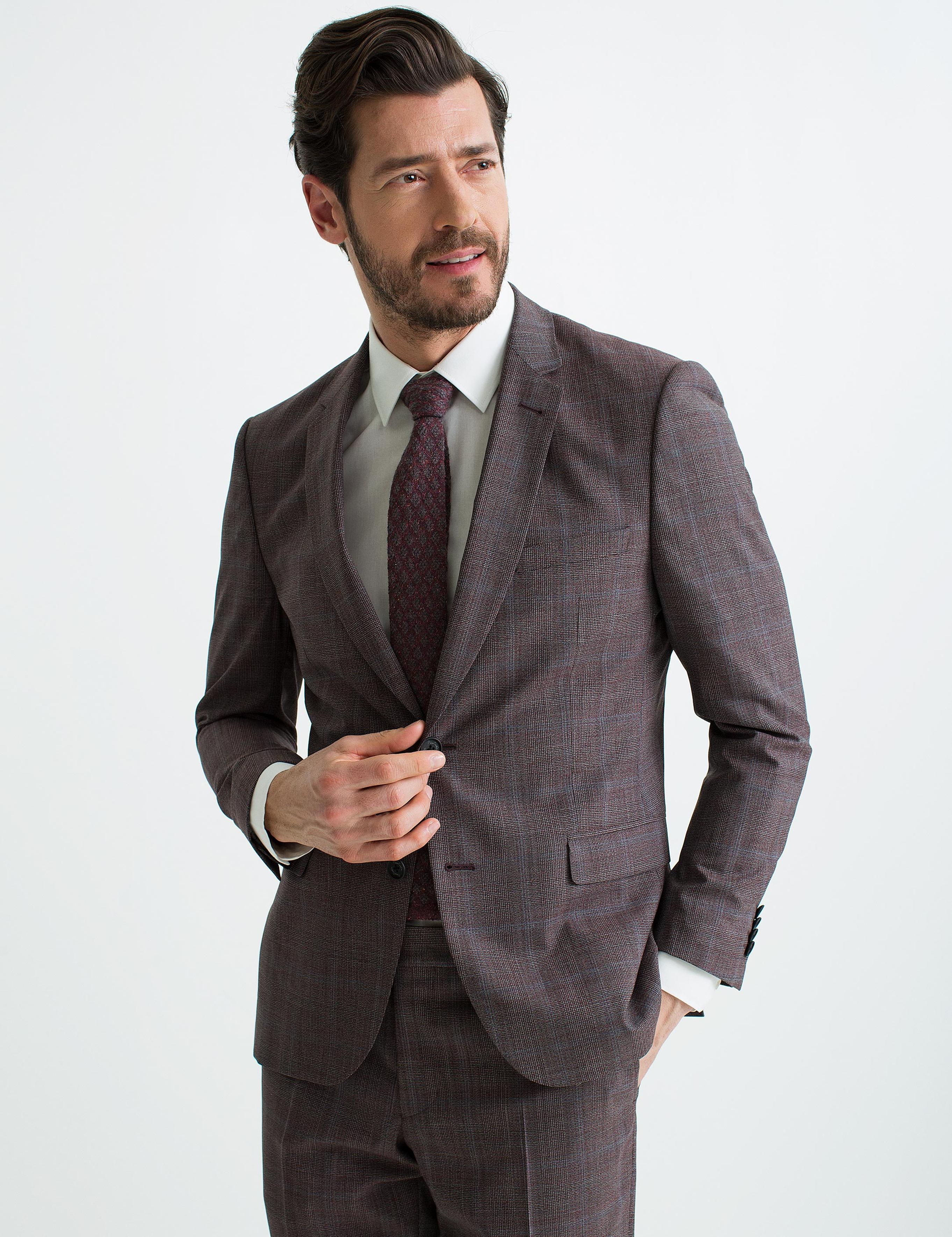 Bordo Slim Fit Ekose Takım Elbise