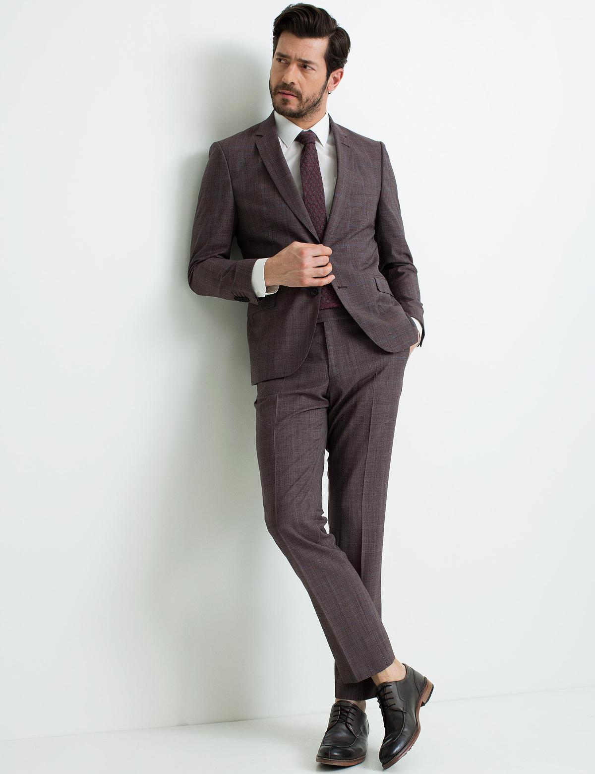 Bordo Slim Fit Ekose Takım Elbise