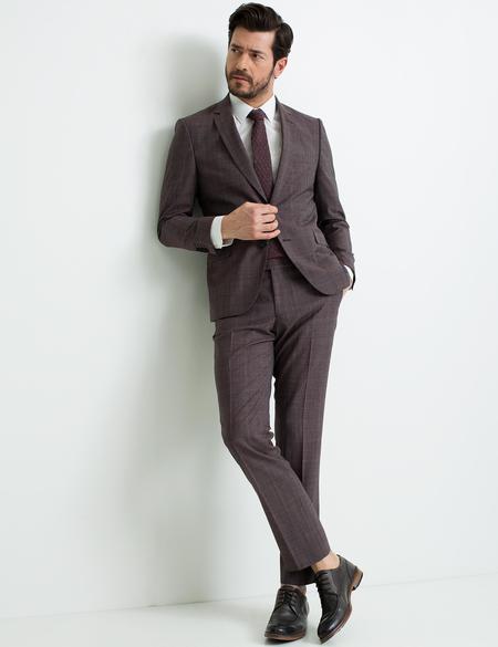 Bordo Slim Fit Ekose Takım Elbise - 50187116038
