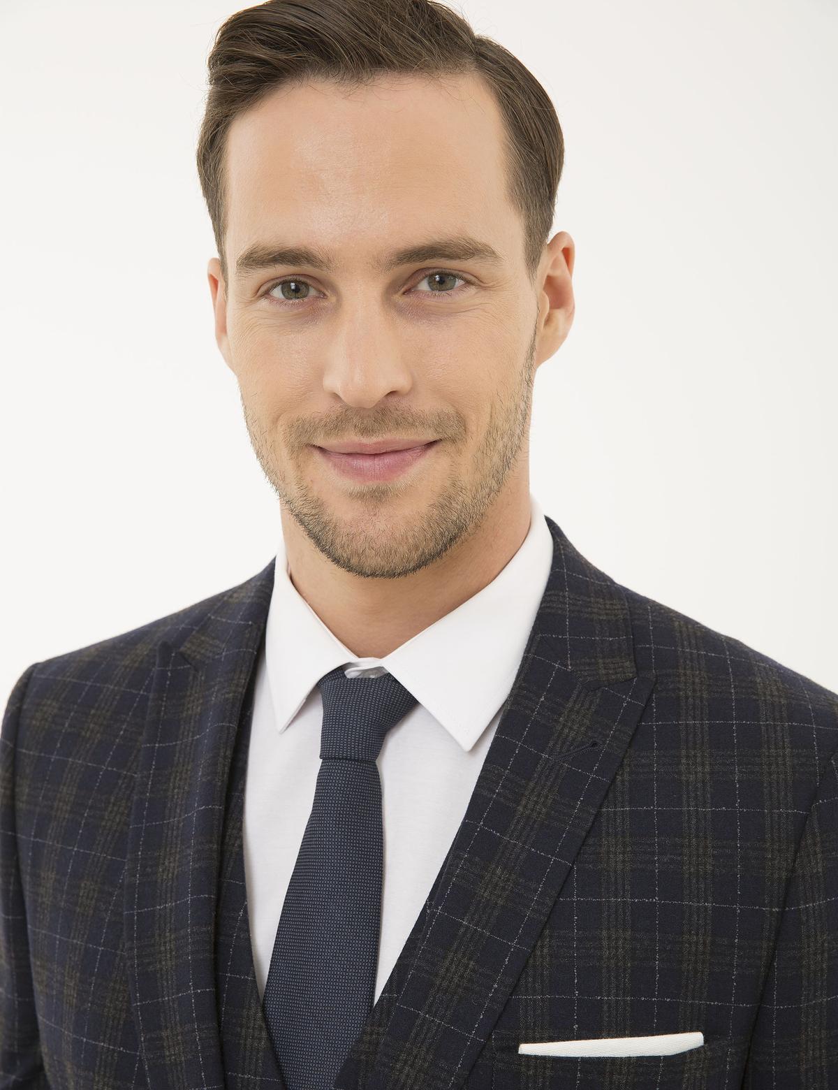 Lacivert Ex. Slim Fit Ekose Takım Elbise - 50193713181