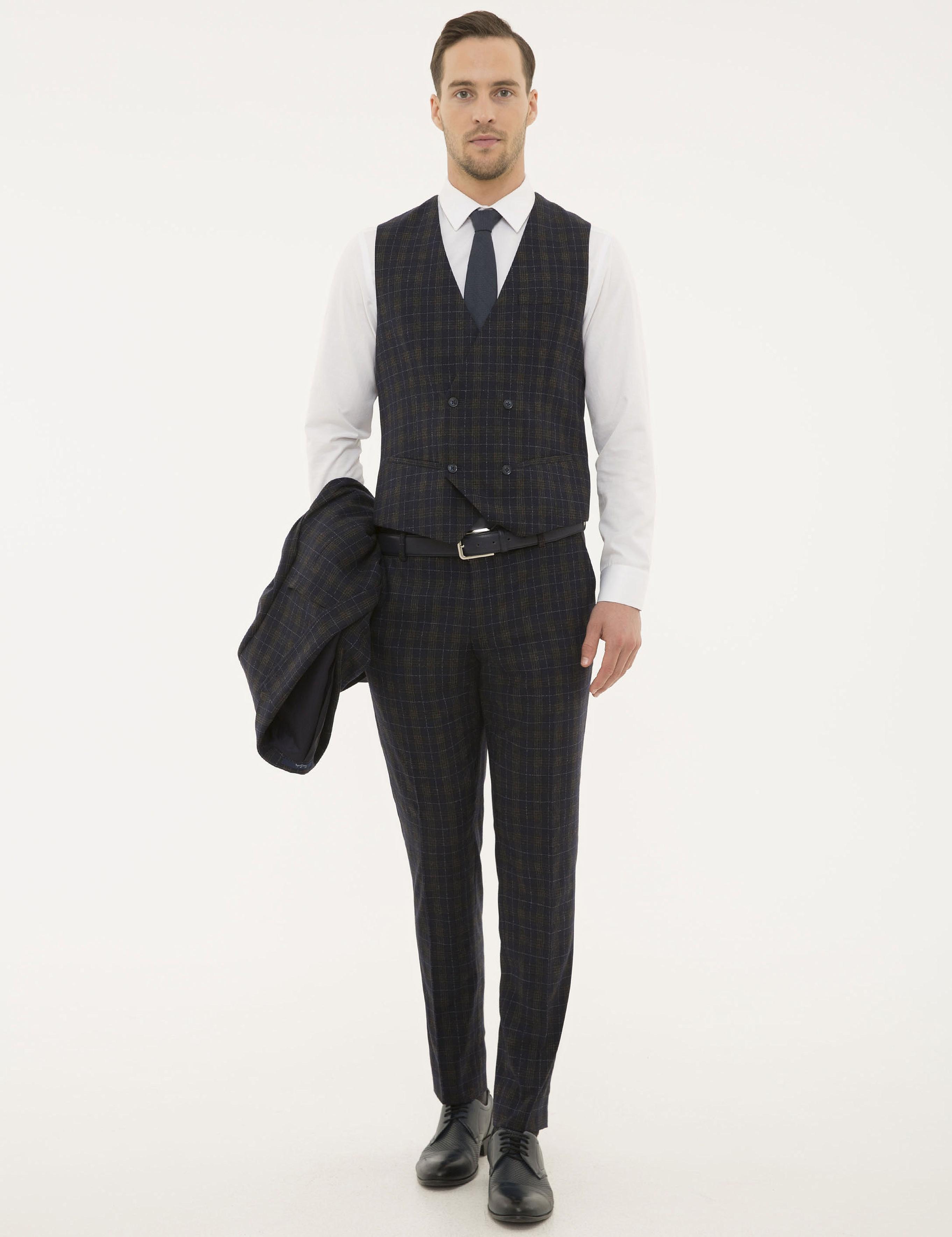 Lacivert Ex. Slim Fit Ekose Takım Elbise