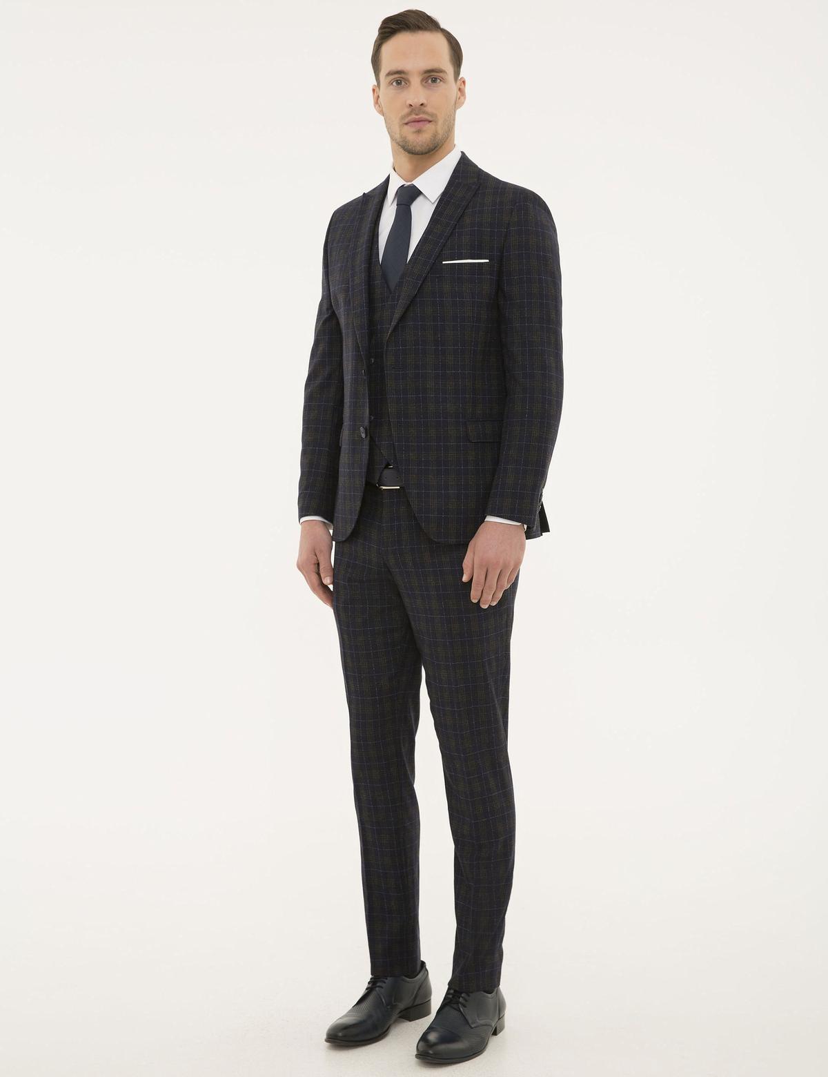 Lacivert Ex. Slim Fit Ekose Takım Elbise - 50193713181