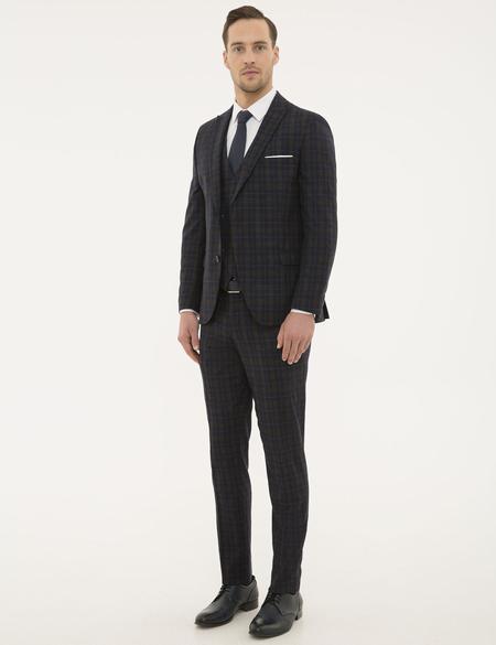 Lacivert Ex. Slim Fit Ekose Takım Elbise - 50193713181