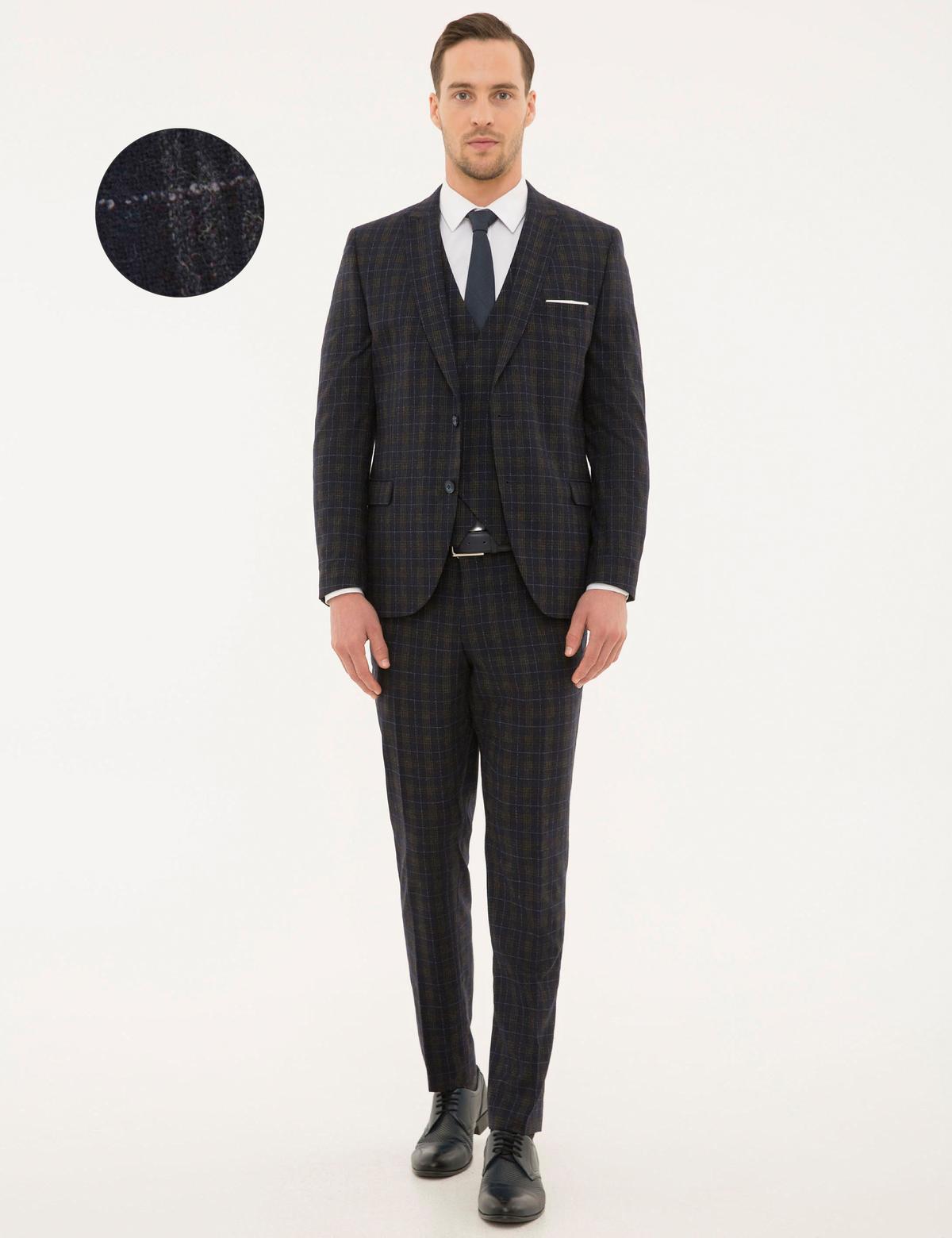 Lacivert Ex. Slim Fit Ekose Takım Elbise