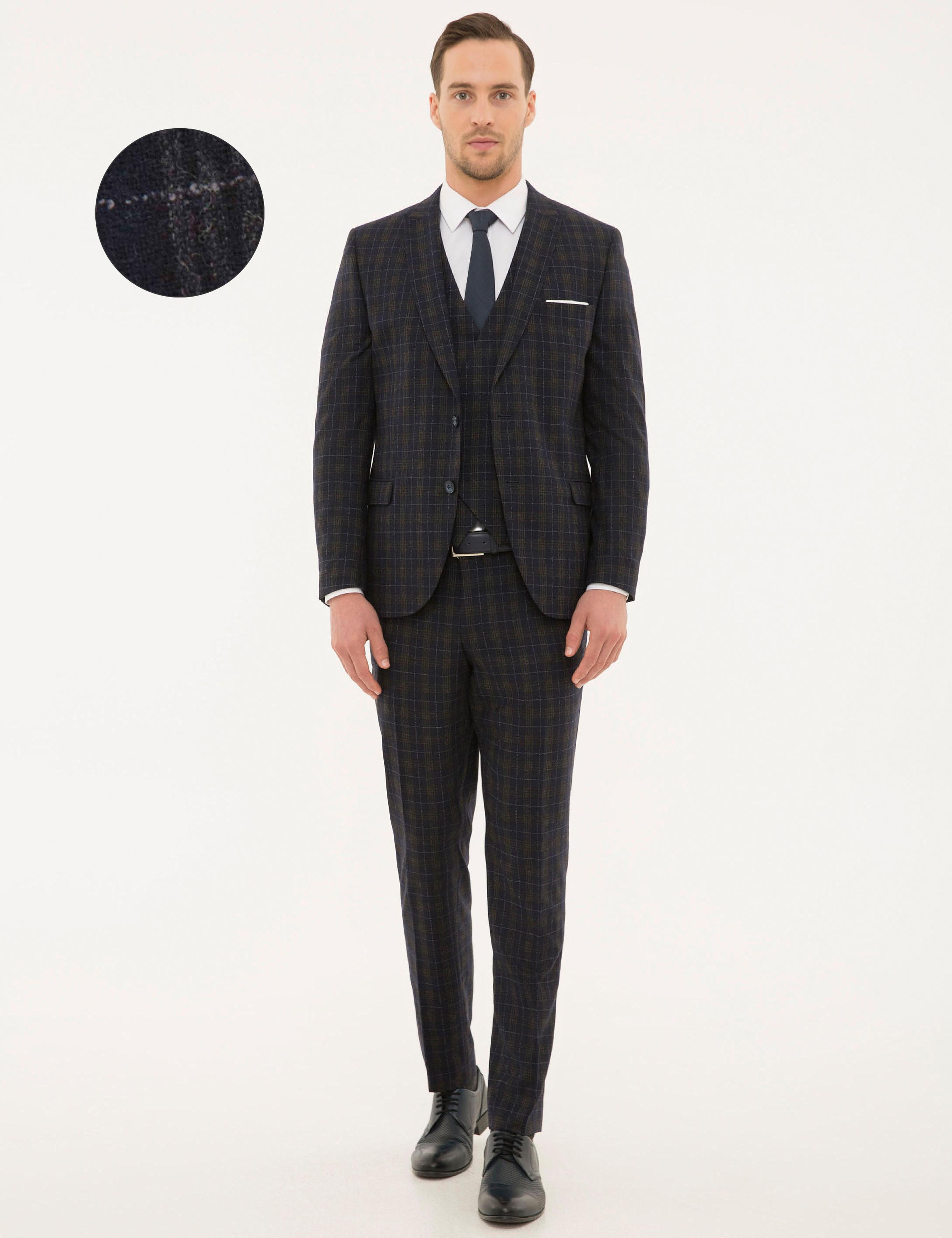 Lacivert Ex. Slim Fit Ekose Takım Elbise