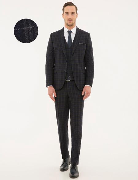 Lacivert Ex. Slim Fit Ekose Takım Elbise - 50193713181