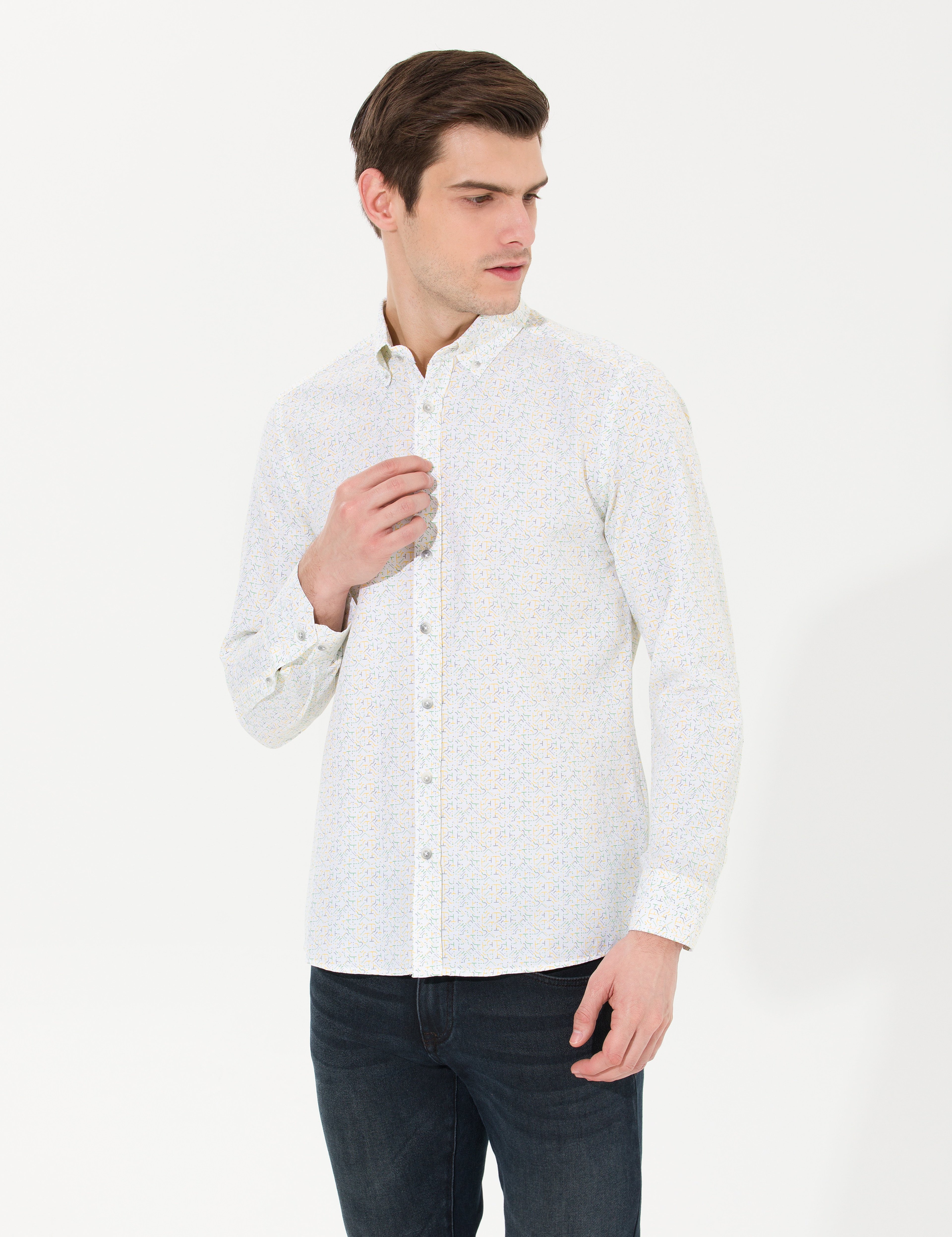 Açık Sarı Slim Fit Uzun Kollu Gömlek