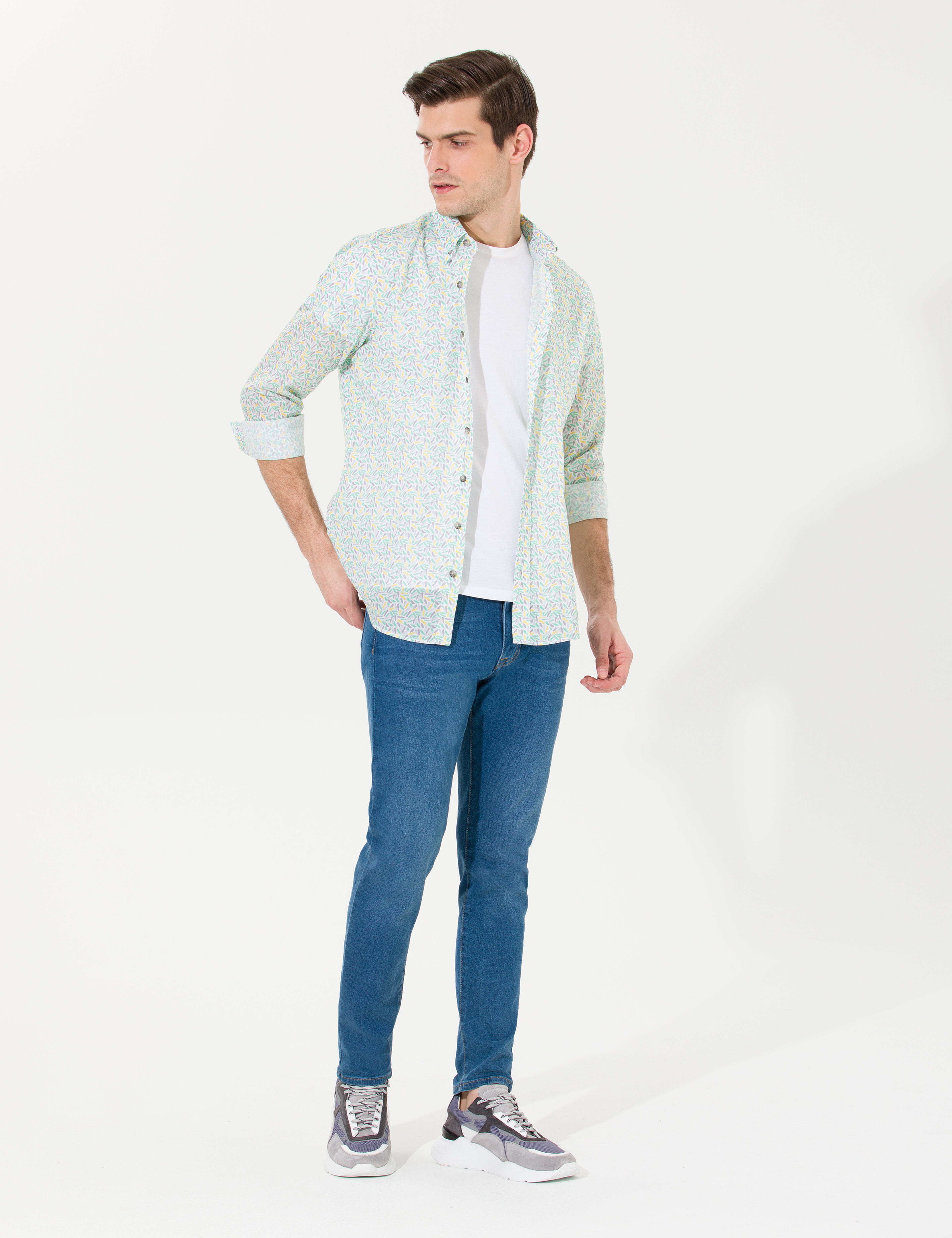 Açık Yeşil Slim Fit Uzun Kollu Gömlek - Image 3