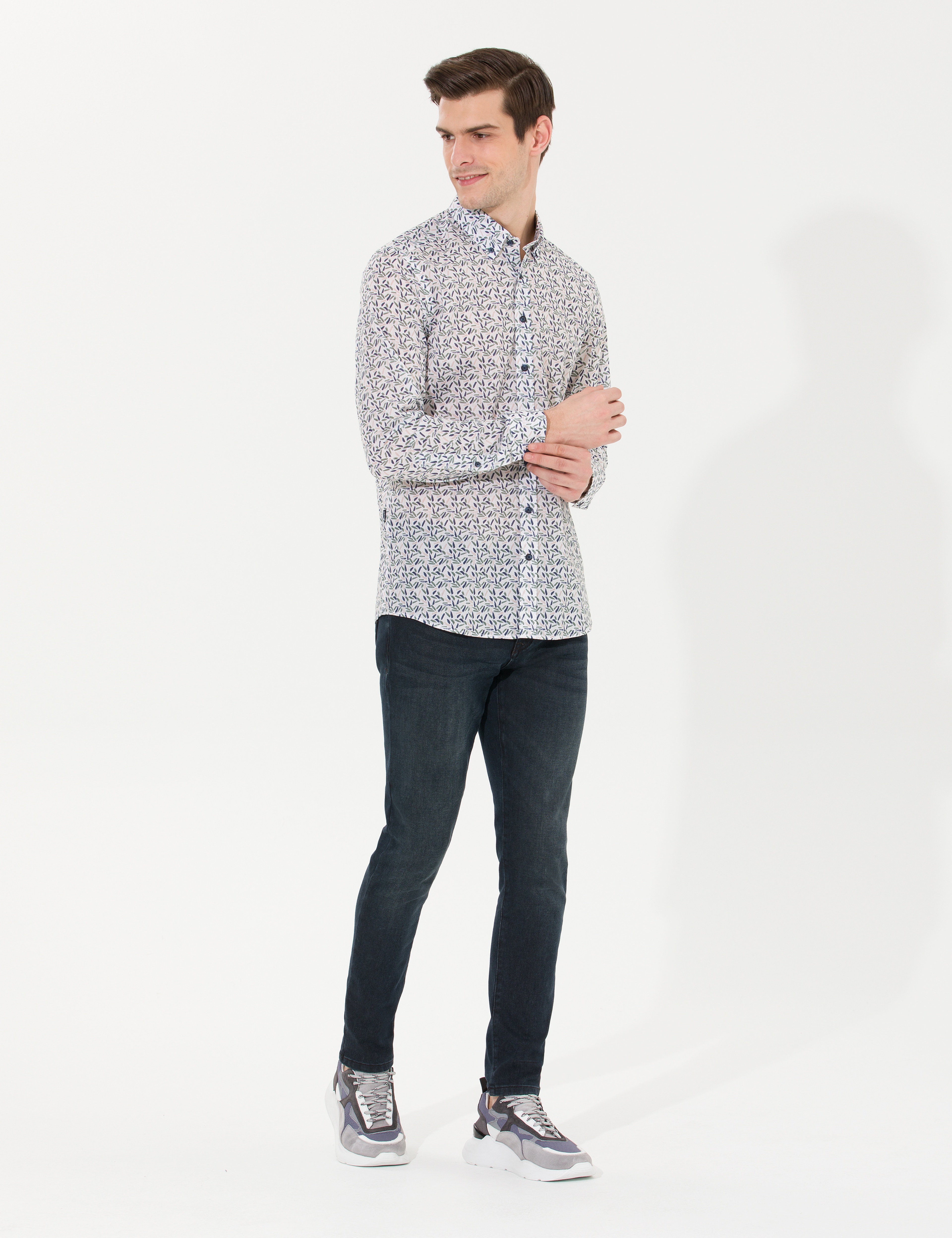 Haki Slim Fit Uzun Kollu Gömlek - Image 3