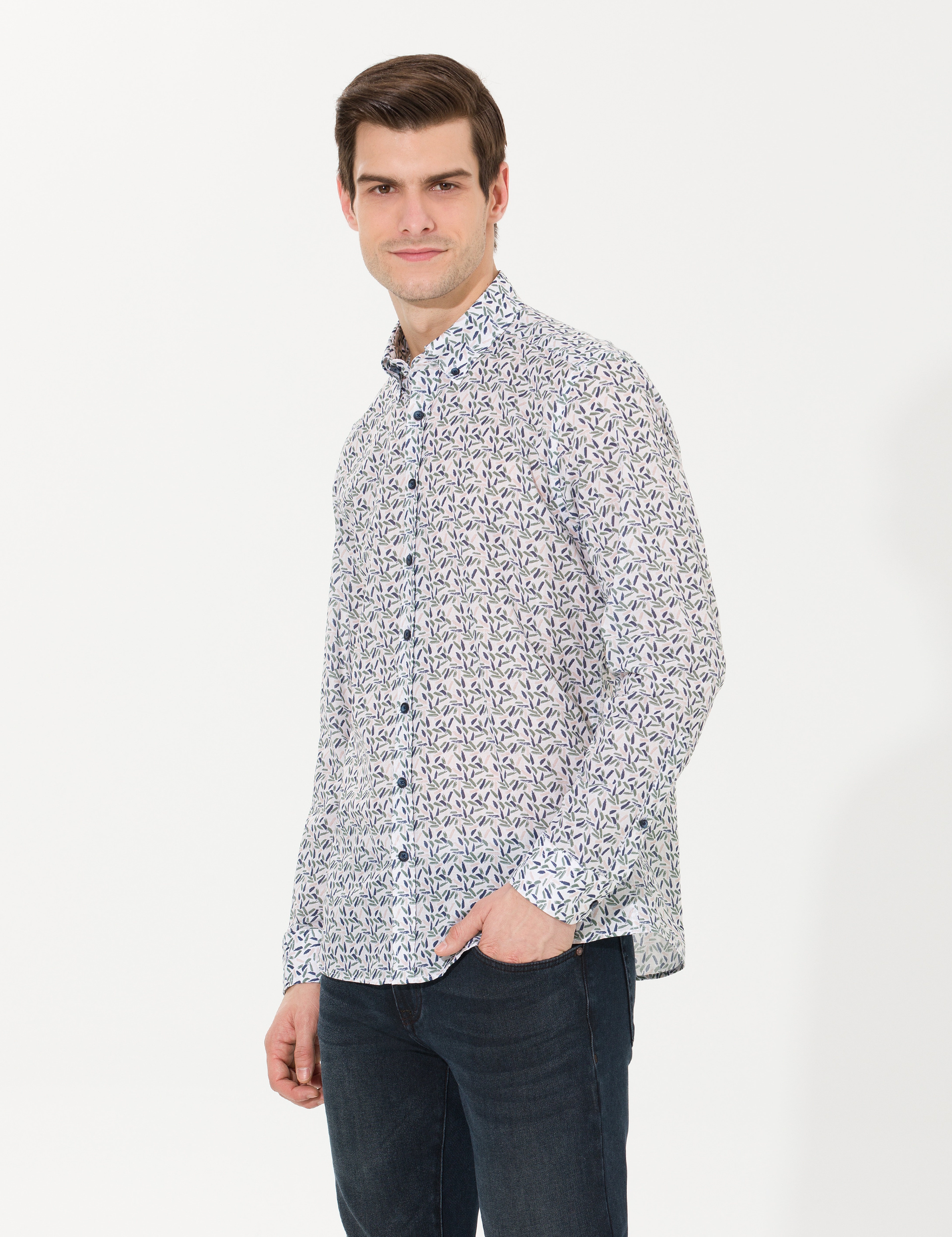 Haki Slim Fit Uzun Kollu Gömlek - Image 4