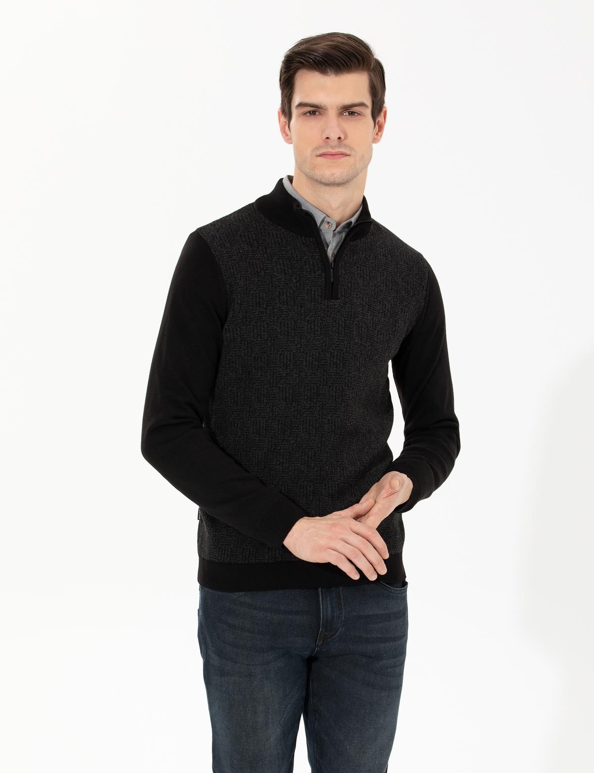 Siyah Slim Fit Fermuarlı Dik Yaka Triko Kazak