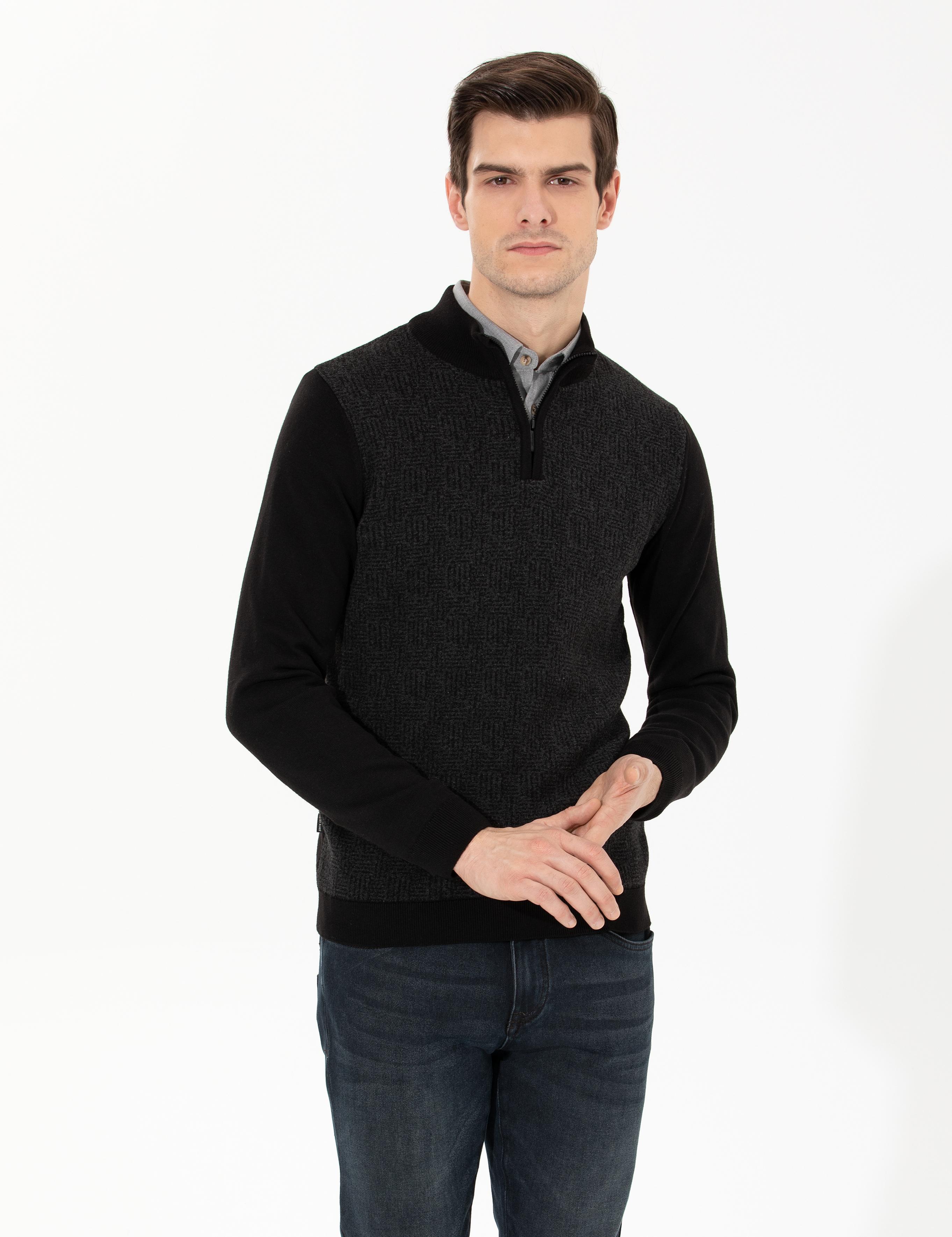 Siyah Slim Fit Fermuarlı Dik Yaka Triko Kazak