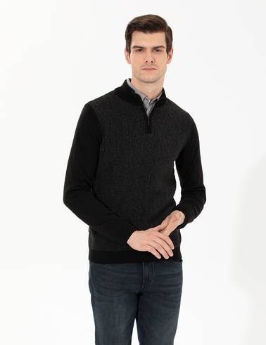Siyah Slim Fit Fermuarlı Dik Yaka Triko Kazak