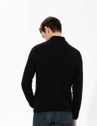 Siyah Slim Fit Fermuarlı Dik Yaka Triko Kazak