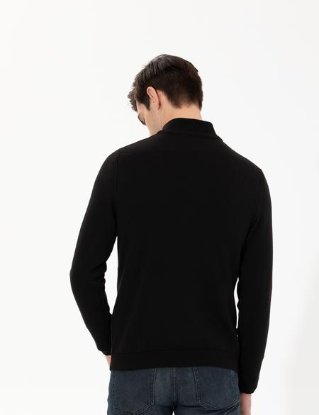 Siyah Slim Fit Fermuarlı Dik Yaka Triko Kazak - 50258665014