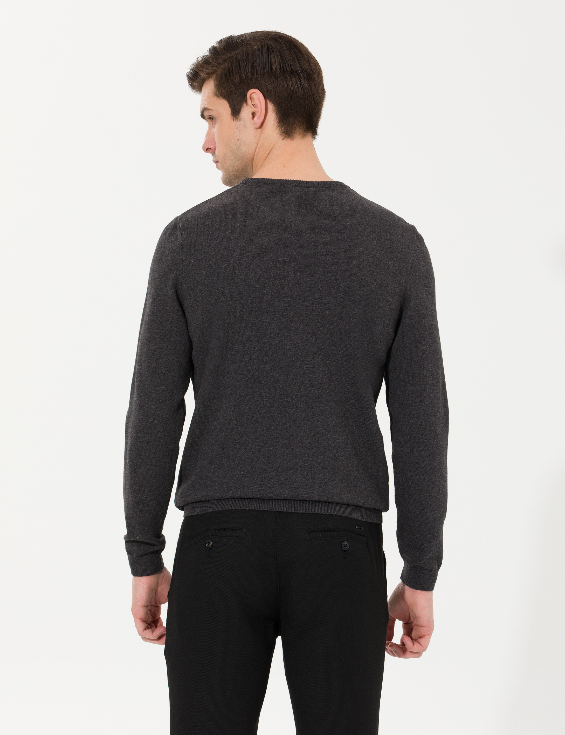 Antrasit Melanj Slim Fit Bisiklet Yaka Triko Kazak - Image 5