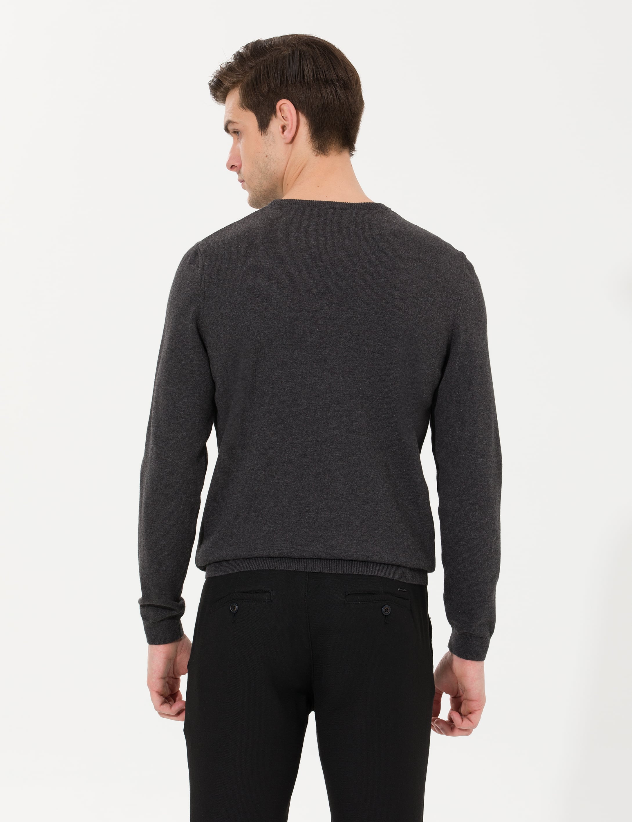 Antrasit Melanj Slim Fit Bisiklet Yaka Triko Kazak