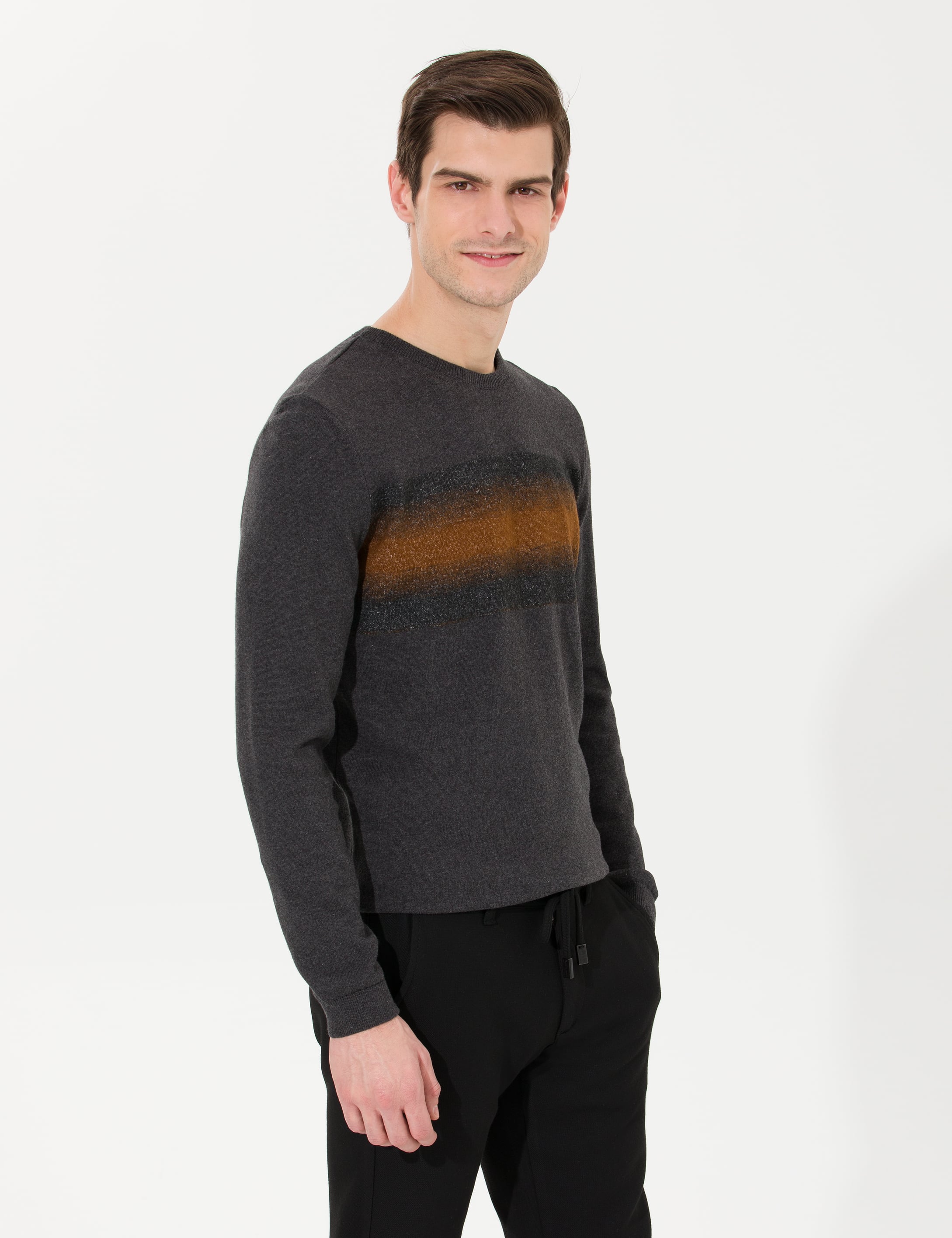 Pierre Cardin Antrasit Melanj Slim Fit Bisiklet Yaka Triko Kazak görsel 3