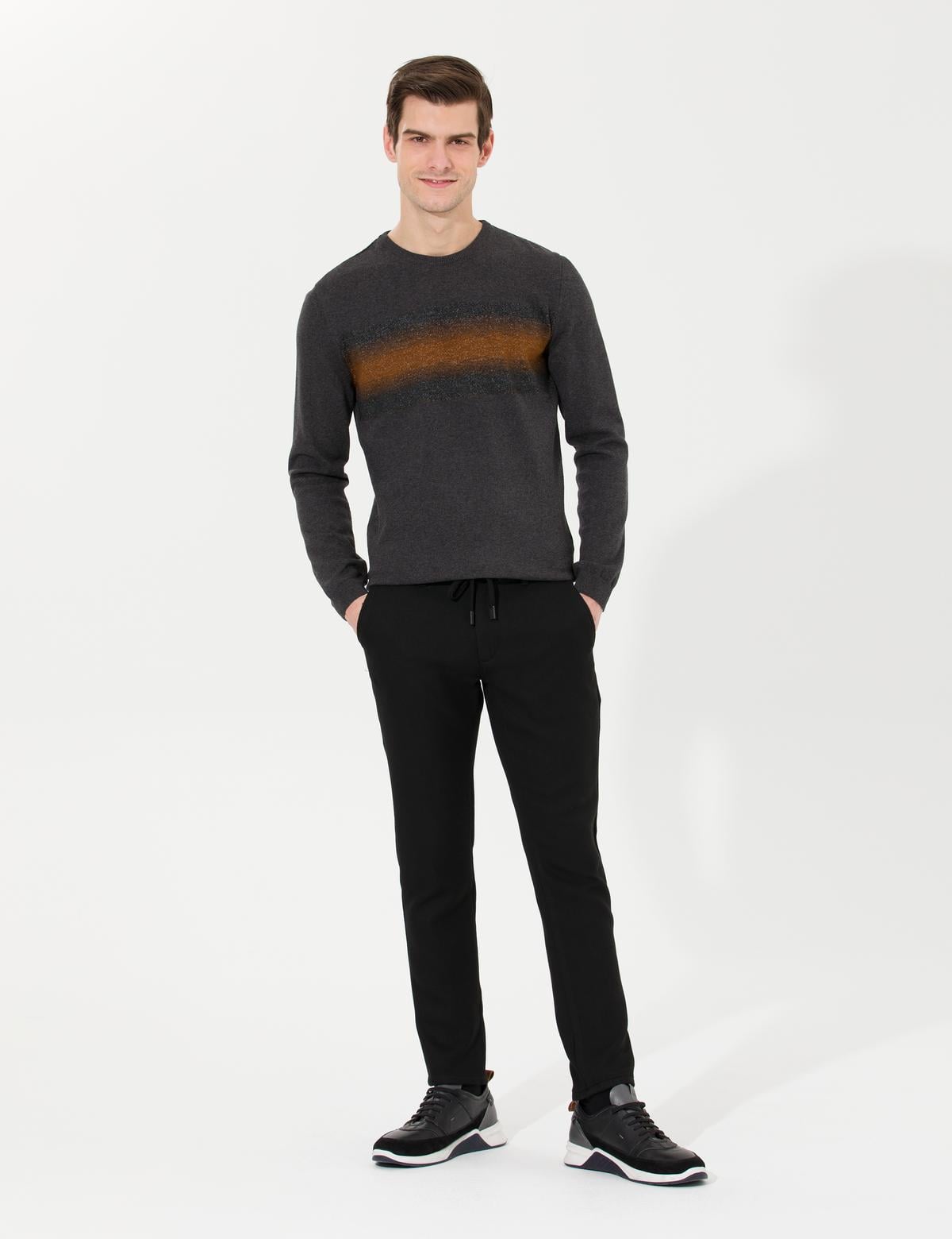 Antrasit Melanj Slim Fit Bisiklet Yaka Triko Kazak - 50261148008