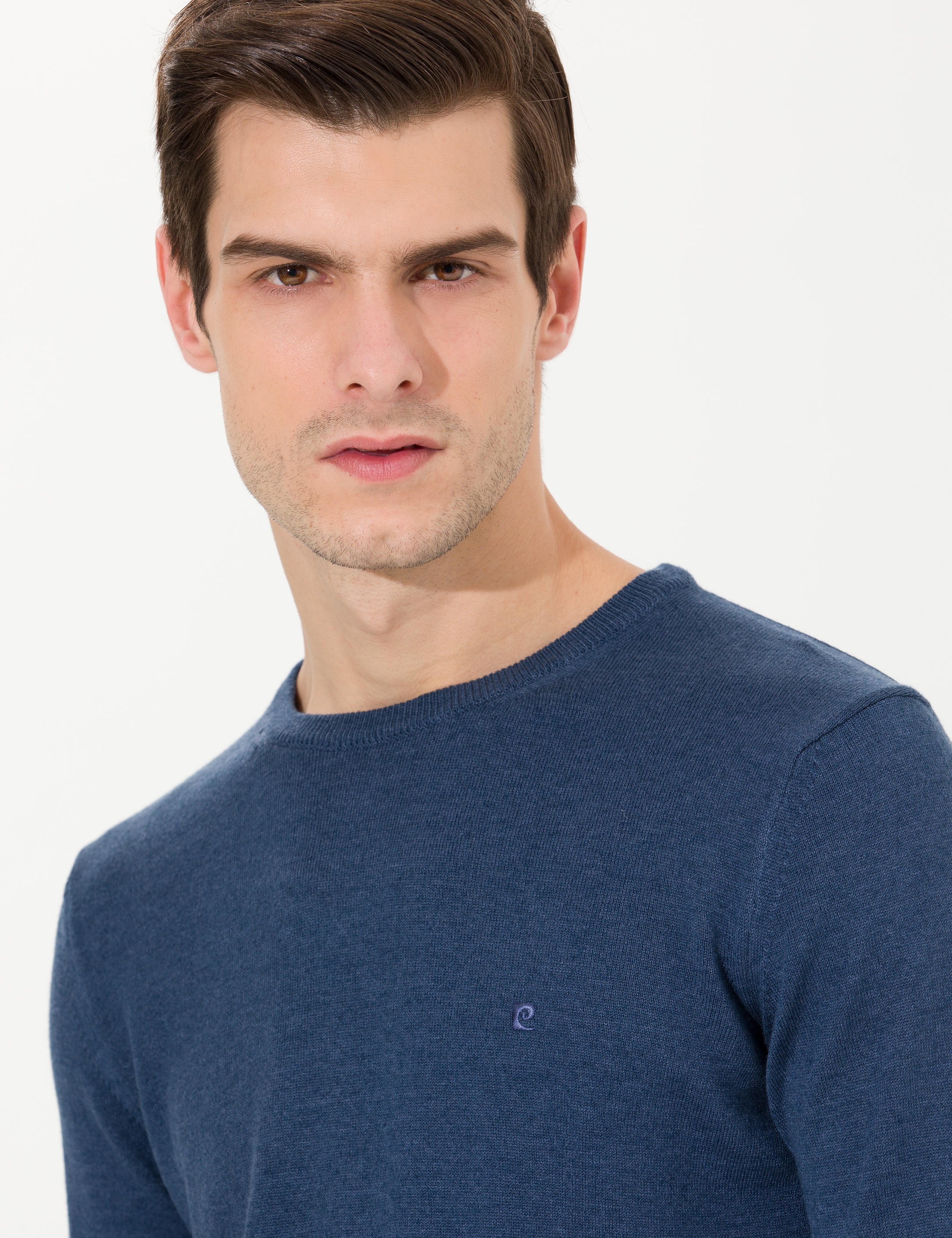 İndigo Melanj Slim Fit Bisiklet Yaka Basic Triko Kazak - Image 3