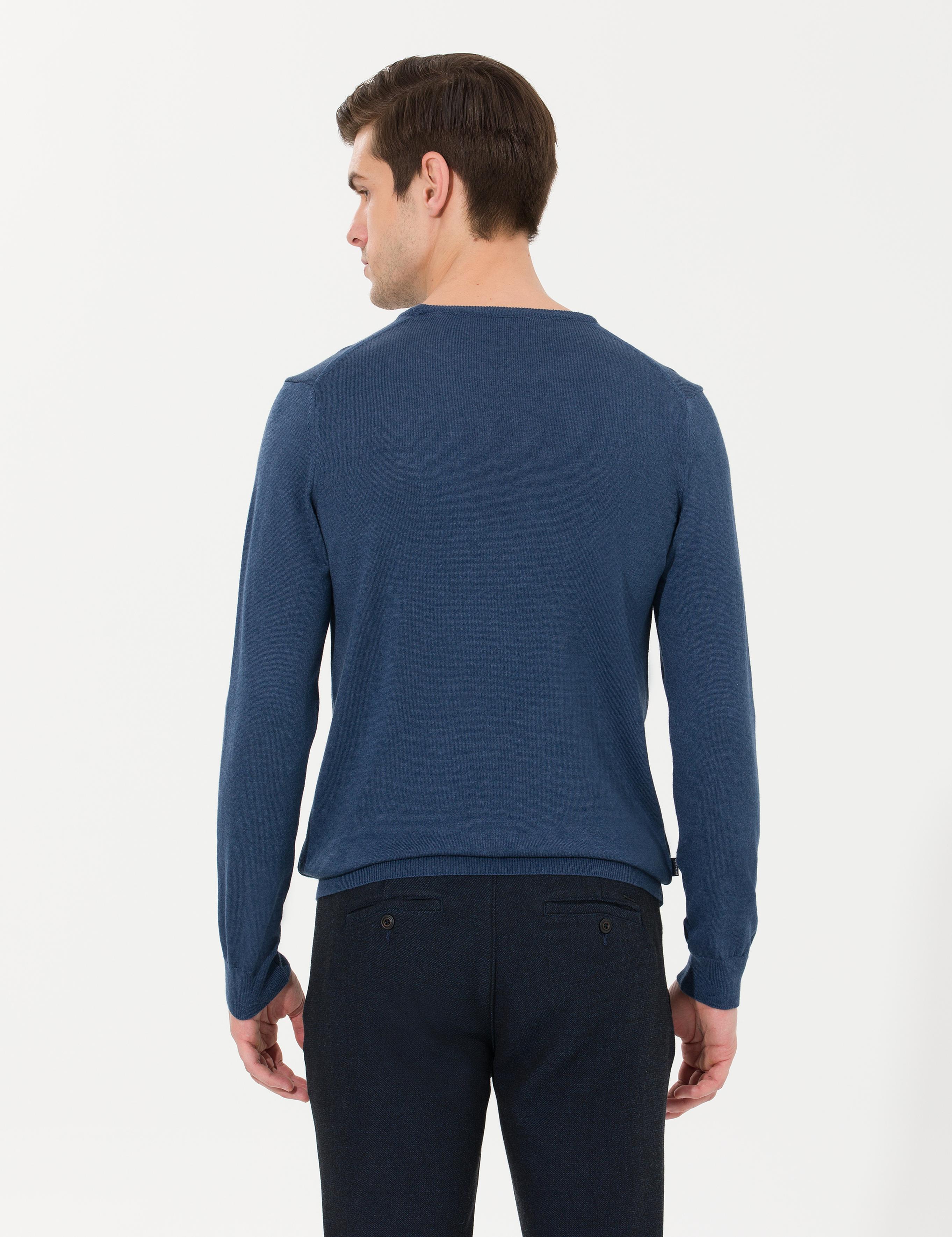 İndigo Melanj Slim Fit Bisiklet Yaka Basic Triko Kazak