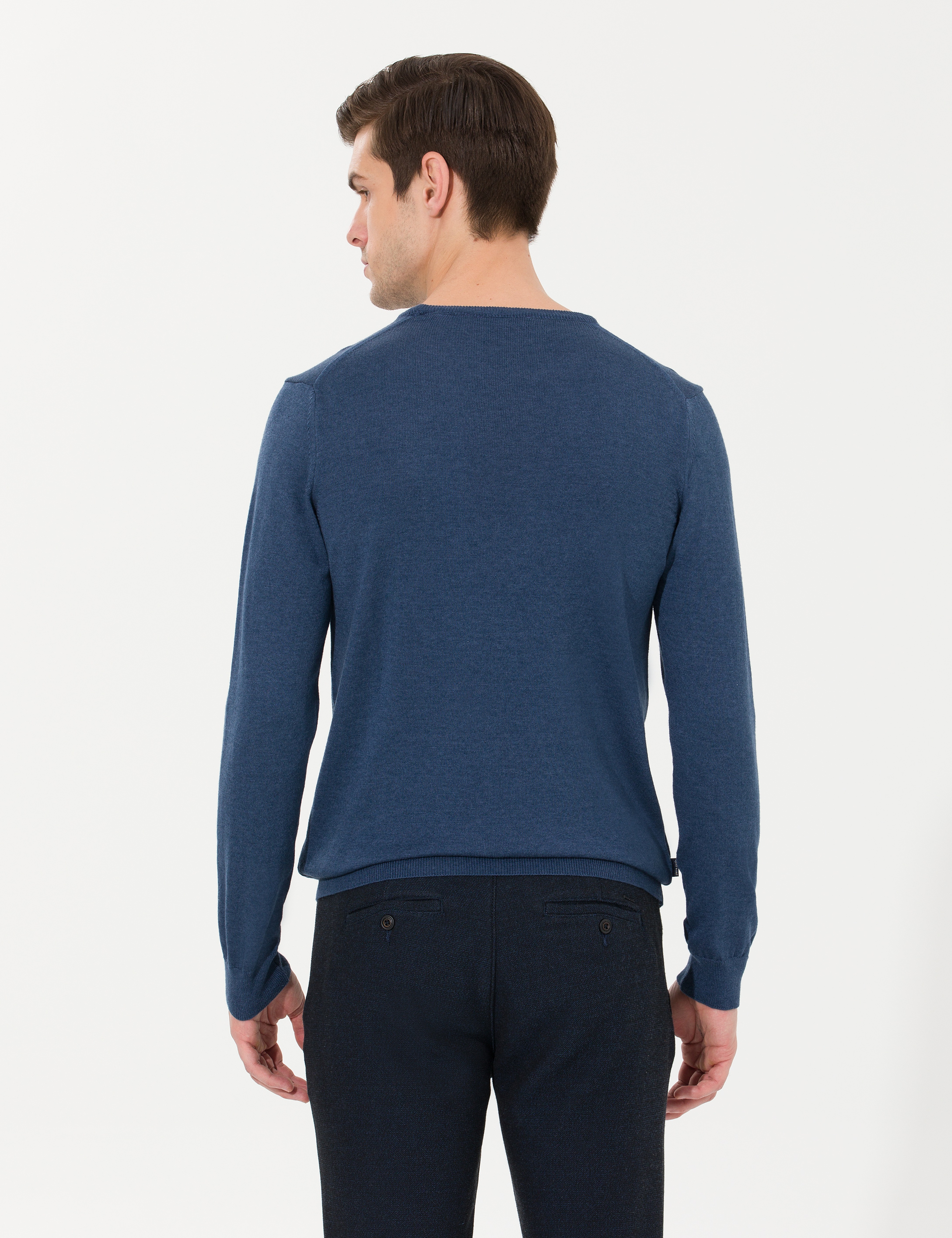 İndigo Melanj Slim Fit Bisiklet Yaka Basic Triko Kazak - Image 5