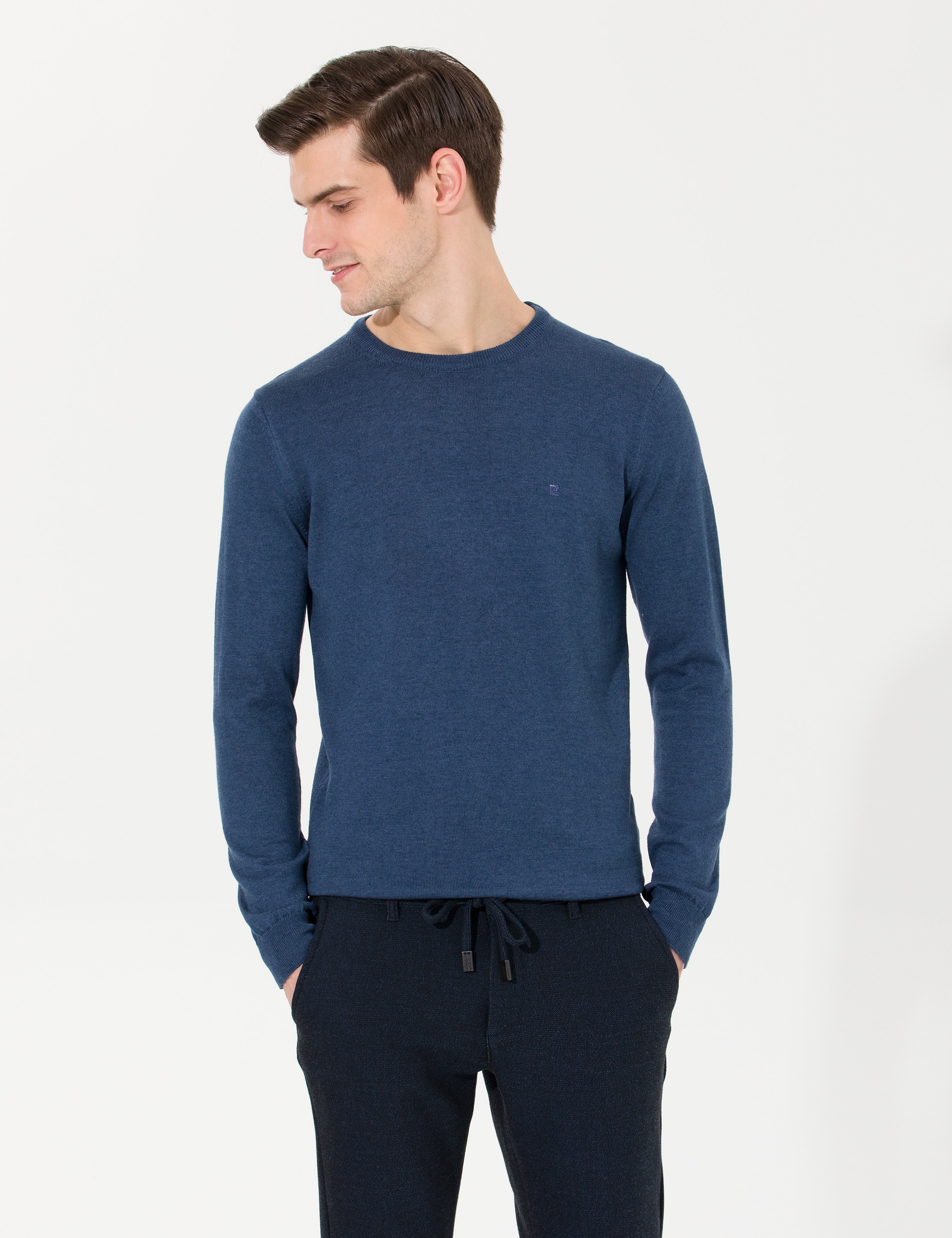 İndigo Melanj Slim Fit Bisiklet Yaka Basic Triko Kazak - Image 2