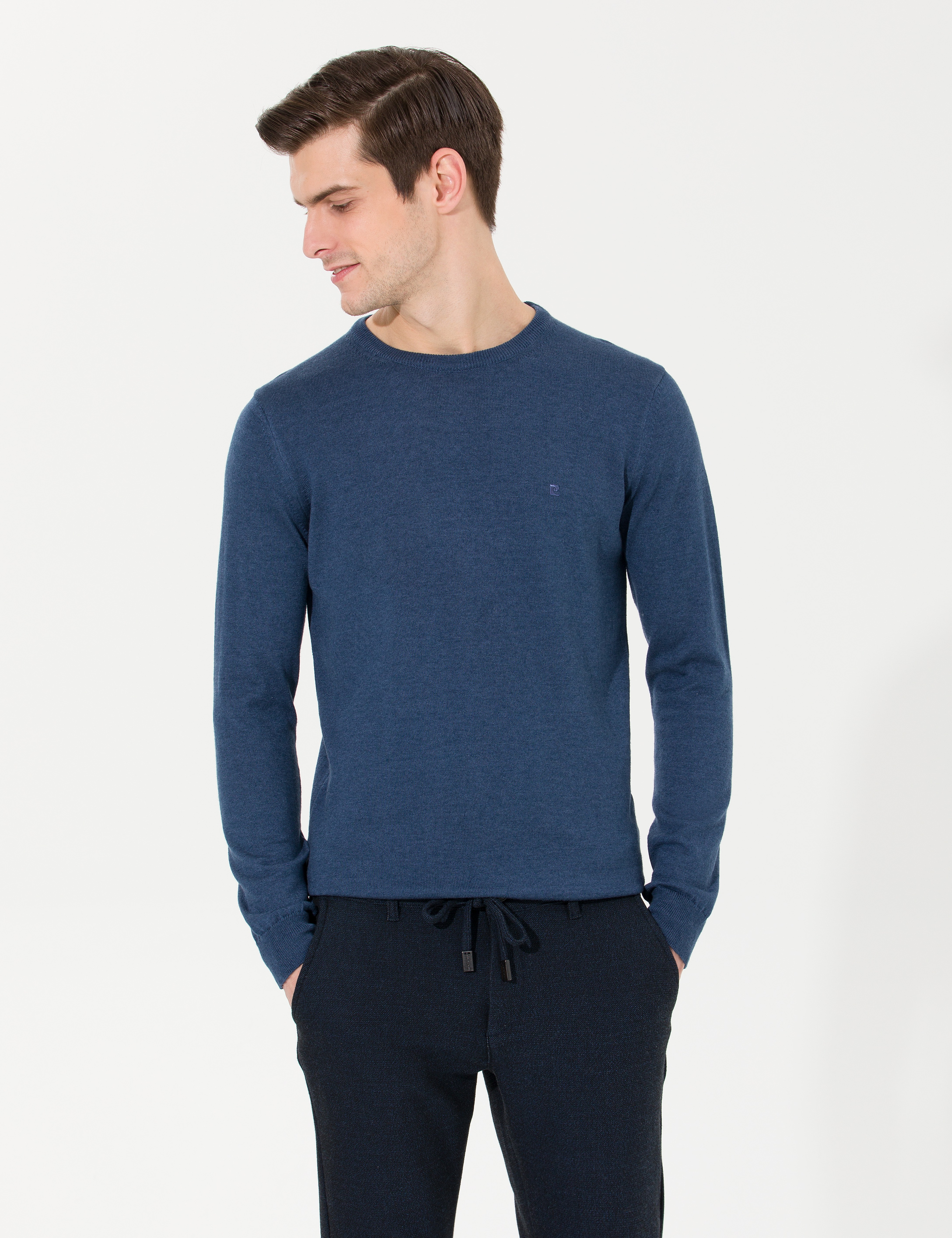 İndigo Melanj Slim Fit Bisiklet Yaka Basic Triko Kazak