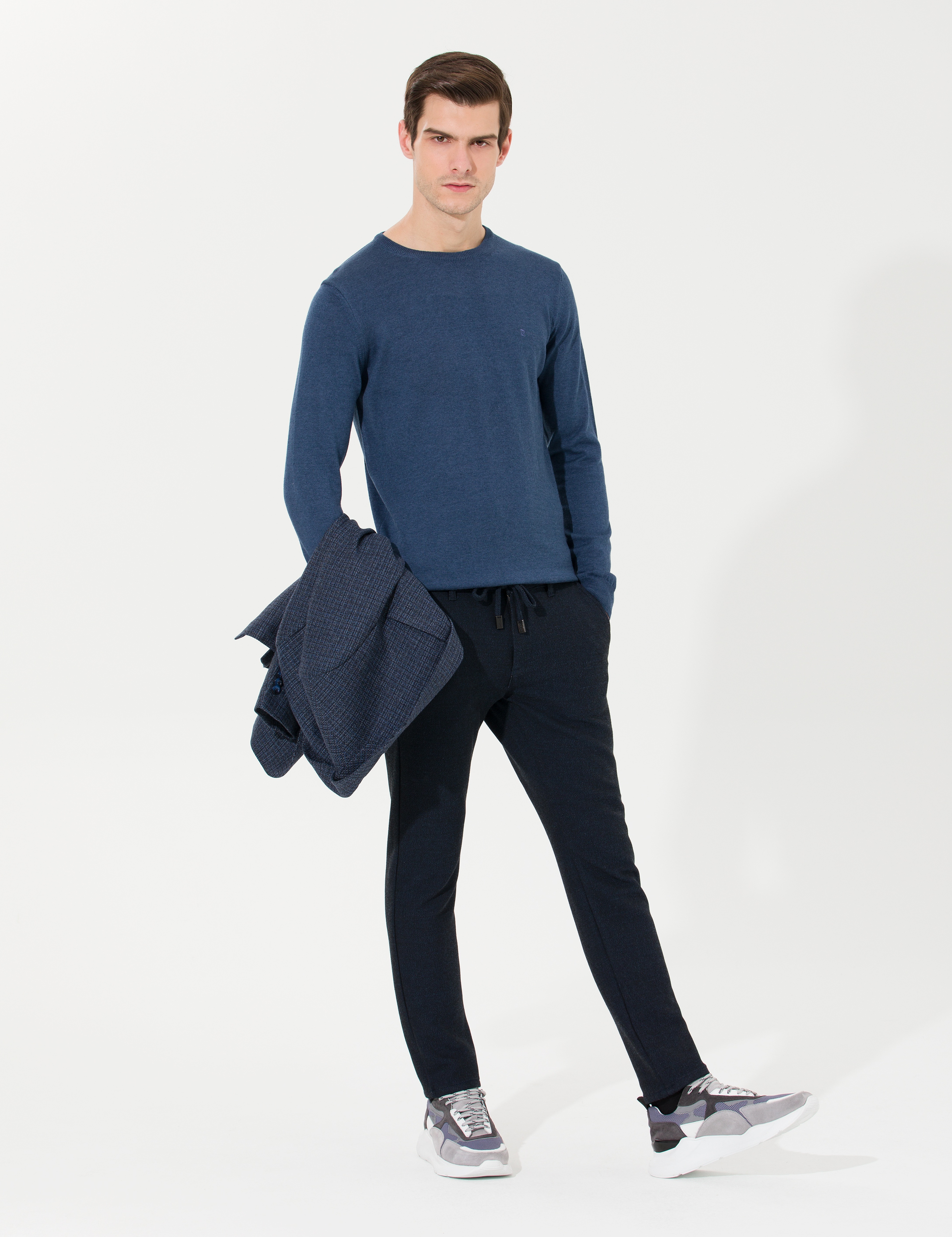 İndigo Melanj Slim Fit Bisiklet Yaka Basic Triko Kazak - Image 1