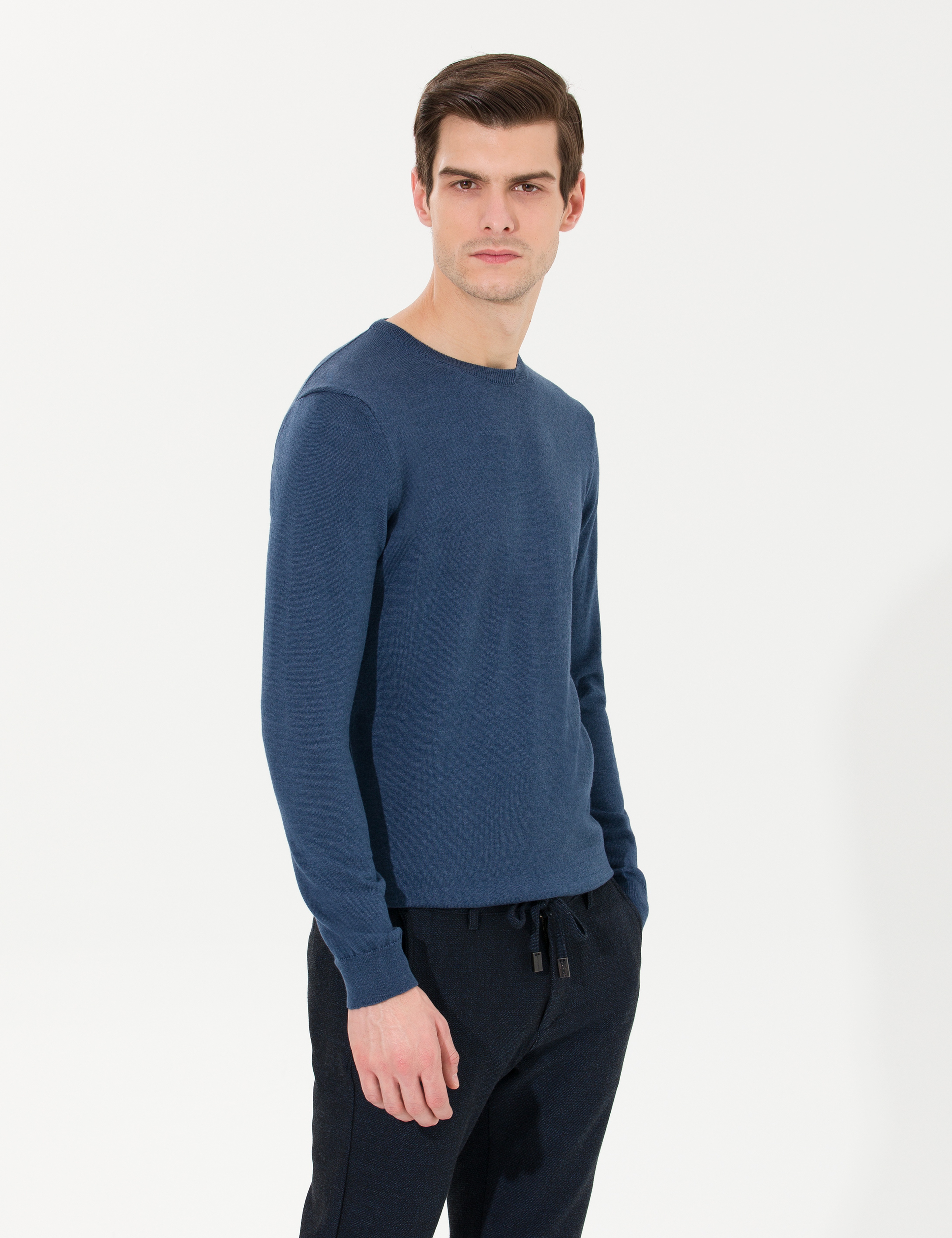 İndigo Melanj Slim Fit Bisiklet Yaka Basic Triko Kazak - Image 4
