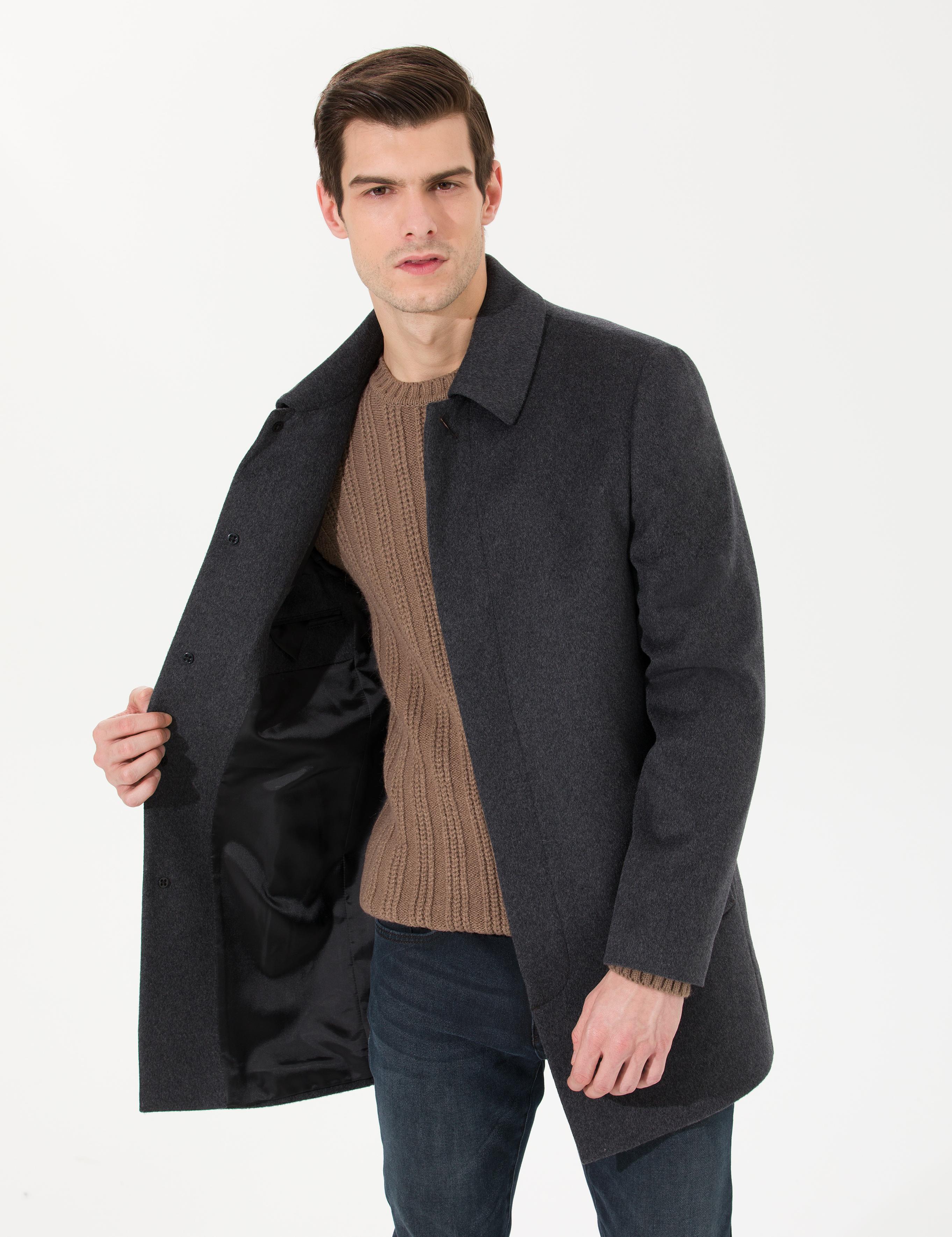 Antrasit Slim Fit Kaşe Kaban