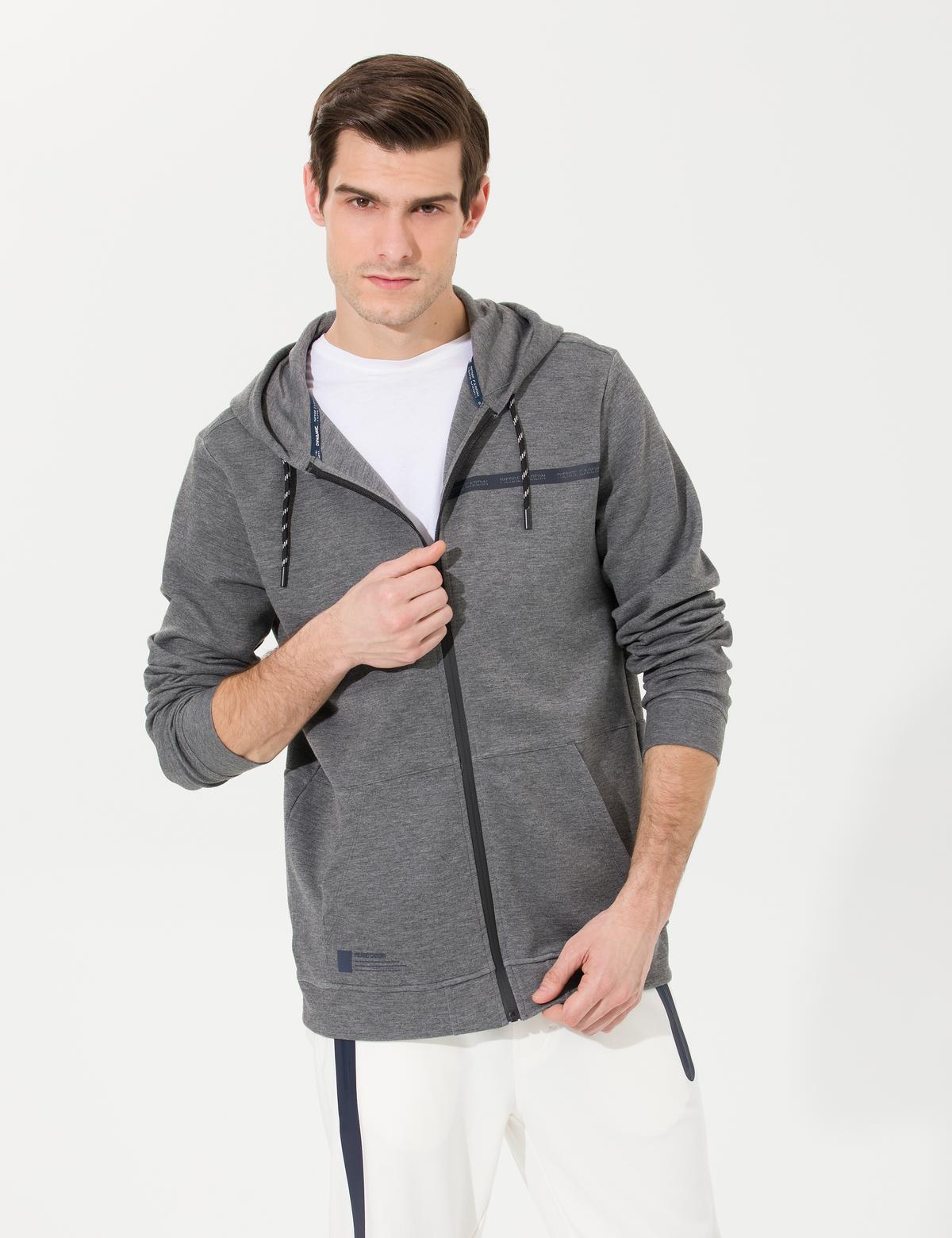 Gri Melanj Kapüşonlu Hırka