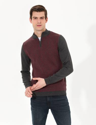 Gri Melanj Slim Fit Fermuarlı Dik Yaka Triko Kazak