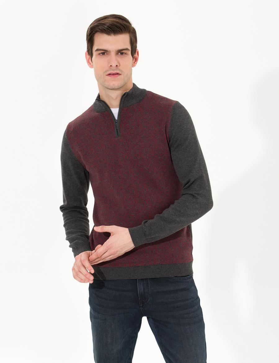 Gri Melanj Slim Fit Fermuarlı Dik Yaka Triko Kazak